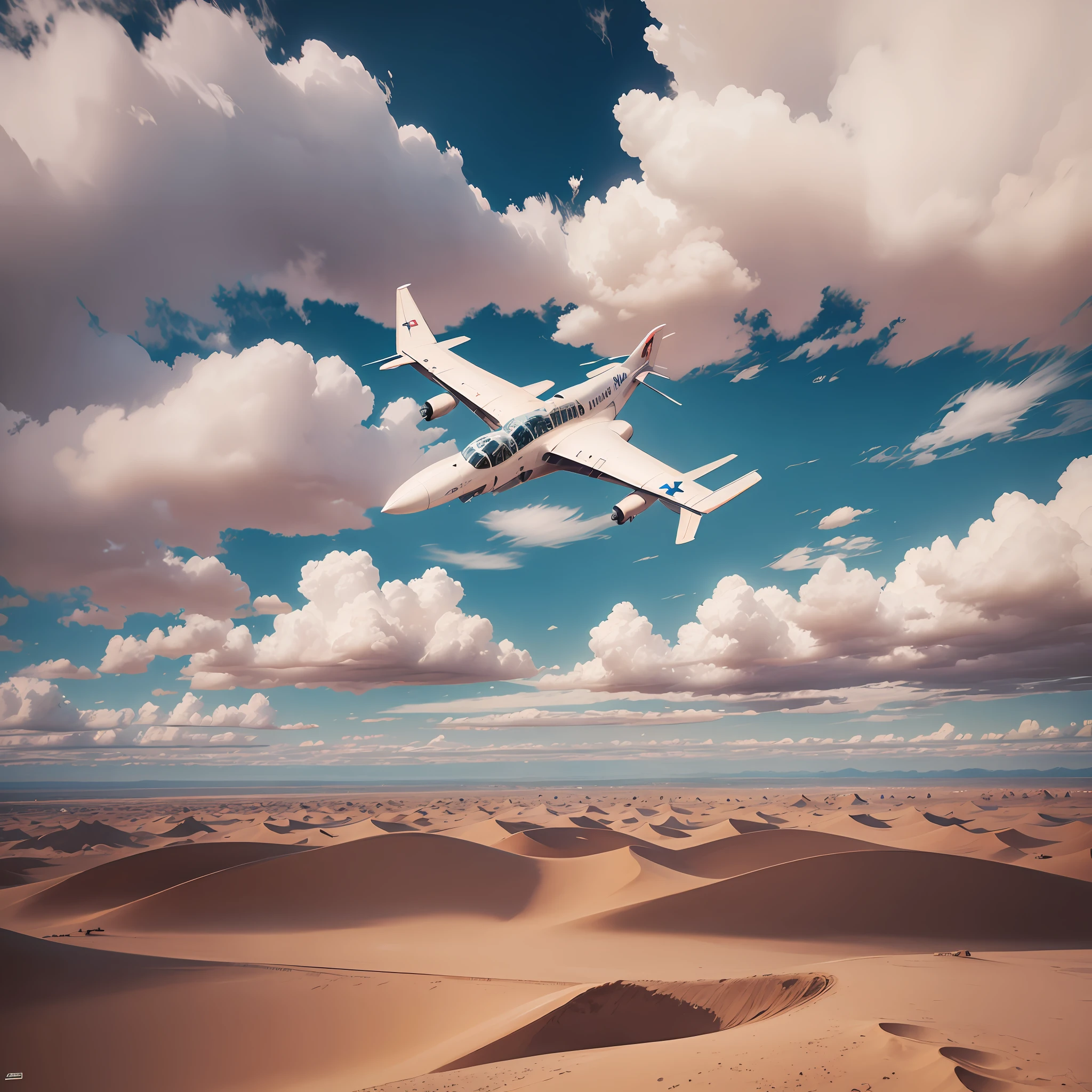 a plane flying over the desert, cloudly background --auto --s2