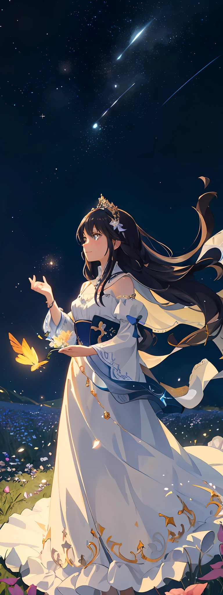 Under the starry sky, a girl stood in the grass. Her figure is small, but her femininity and confidence cannot be ignored. The light-colored clothes fluttered gently in the breeze, as if they were in harmony with the firmament. Her eyes were as deep as a deep pool, gazing at every point of light in the starry sky, as if thinking about something great and mysterious. She had a smile on her face, and the corners of her pretty lips fluttered, as if she was walking in a sea of flowers. However, she stood there silently, allowing the passage of time to echo the light flowing in the starry sky. On such a grassy field, under such a starry sky, it seems peaceful and peaceful, and her existence undoubtedly adds a beauty and brilliance.