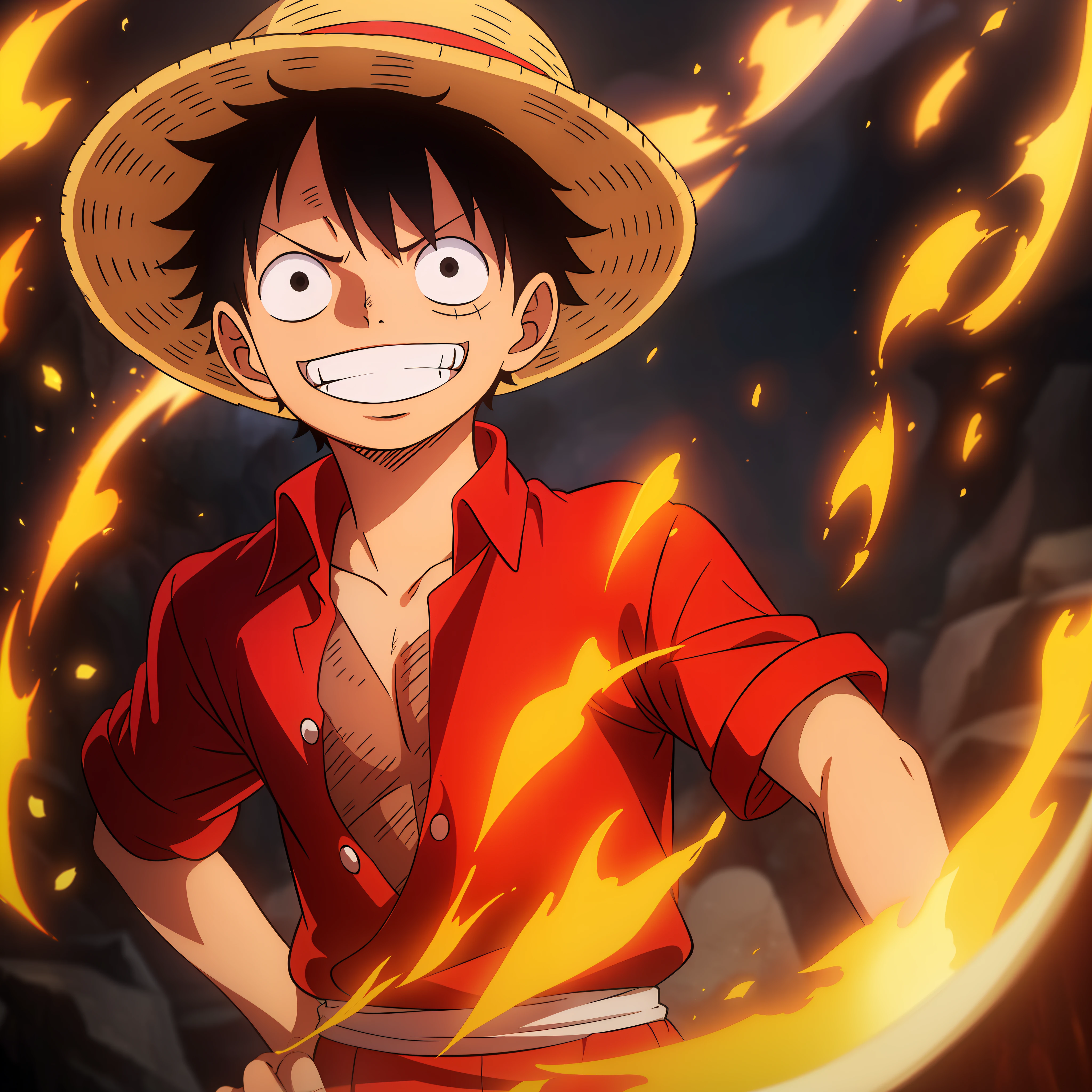 1boy, wanostyle, monkey d luffy, smiling, straw hat, looking at viewer, solo, upper body, ((masterpiece)), (best quality), (extremely detailed), depth of field, sketch, dark intense shadows, sharp focus, soft lighting, hdr, colorful, good composition, fire all around, spectacular, closed shirt, anime screencap, scar under eye, ready to fight, black eyes