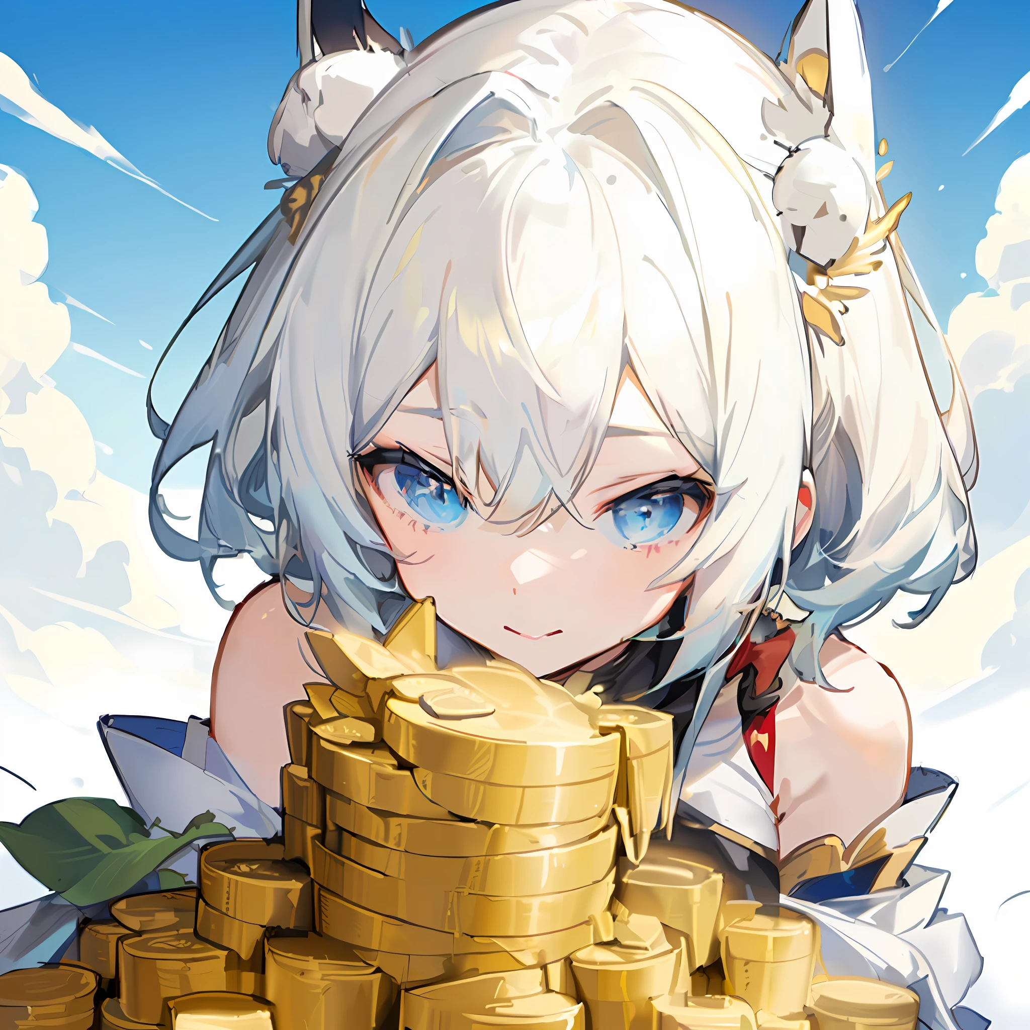 anime girl with white hair and blue eyes sitting on a pile of gold coins, from arknights, genshin, trending on artstation pixiv, from the azur lane videogame, best anime 4k konachan wallpaper, genshin impact, cushart, ****, arknights, pixiv daily ranking, splash art anime ****