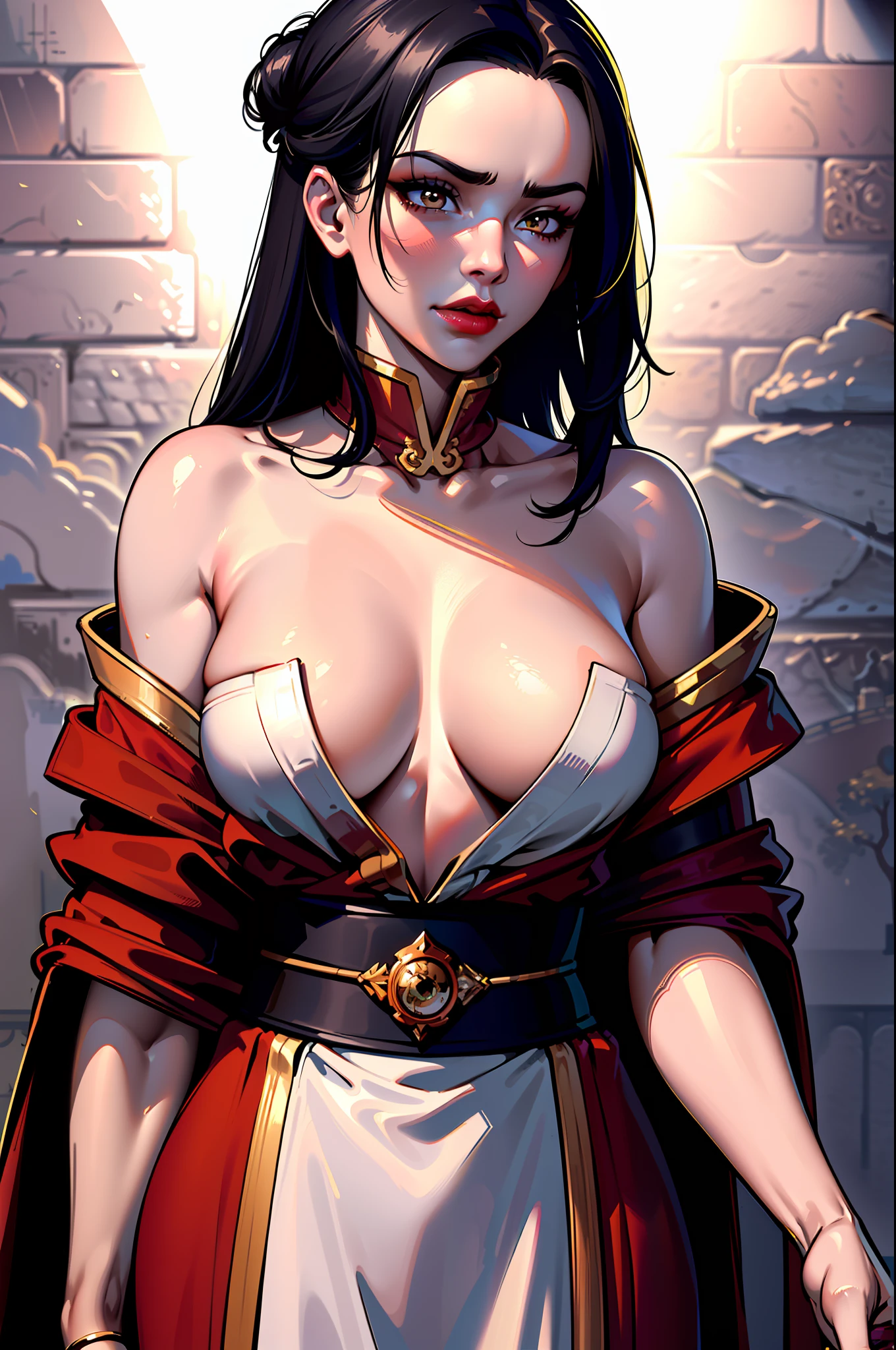 ultra-realistic 8k CG, masterpiece, ((ultra detailed background, fine drawing, intricate details, high detail, better quality fine details, hyper-detailed face)), (photorealistic: 1.4), beautiful lighting, absurdity, RAW photo, film grain, Azula, 1girl, solo, black hair, brown eyes, makeup, lipstick, red lips, single tuft of hair, navel, side strands, hair decoration, ((medium breasts, slim girl, on the chest)), ((unbuttoned kimono)), ((complex detailed background, inside, dim lighting, moody lighting, inside the castle, castle wall, inside, medieval castle environment)), erotica