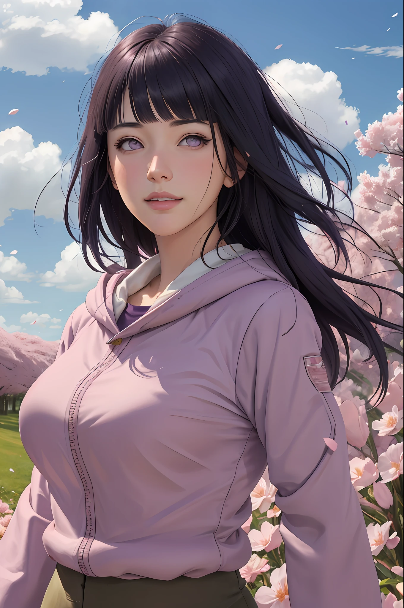 masterpiece, absurdres, hinata\(boruto\), 1girl, solo,mature female, purple hoodie,layered sleeves, brown pants, outdoors,lavender flower field, looking at viewer, (falling petals), cloudy sky, perfect composition, detailed lips, big breast, beautiful face, body propotion, blush, (pink lips), long hair, purple eyes, soft gaze, sad smile, super realistic, detailed, photoshoot, realistic face and body, realistic hair, realistic eyes, realistic nose, realistic lips