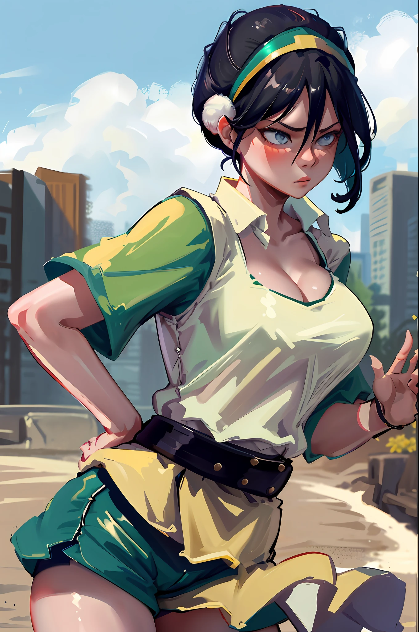 masterpiece, best quality, high definition, 1girl, solo, black hair, hairband, belt, short hair, cleavage, t-shirt, short shorts, wide hips, blue eyes, green hair band, blind, hair bun, city, outdoor, erotica