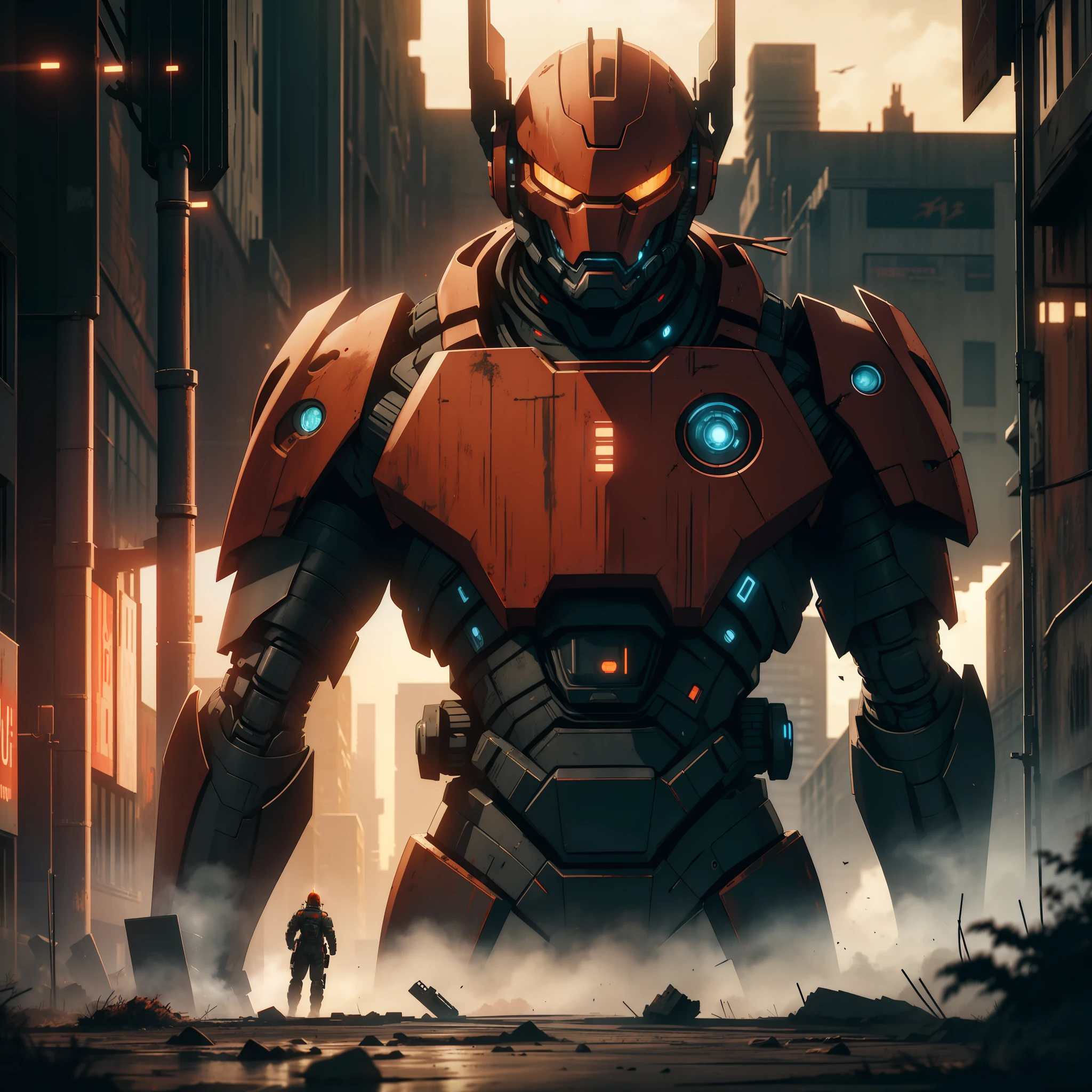 On the moon, barren planet, ruins, holding weapons, no humans, glowing, robot, building, glowing eyes, orange mech, science fiction, city, reality, mecha, galaxy background, full body, neon, cyber Punk, 8K wallpapers, ultra-detailed artwork, cinematic lighting, realistic photos, Dark_Fantasy, Cyberpunk, (chain saw, chain saw man, Red: 1.1), 1man, Mechanical marvel, Robotic presence, Cybernetic guardian, wearing a worn-out machine armor suit, intricate, (steel metal [rust]), elegant, sharp focus, photographed by greg rutkowski, soft lighting, vibrant colors, masterpiece, ((street)), cowboy shot, dynamic pose,