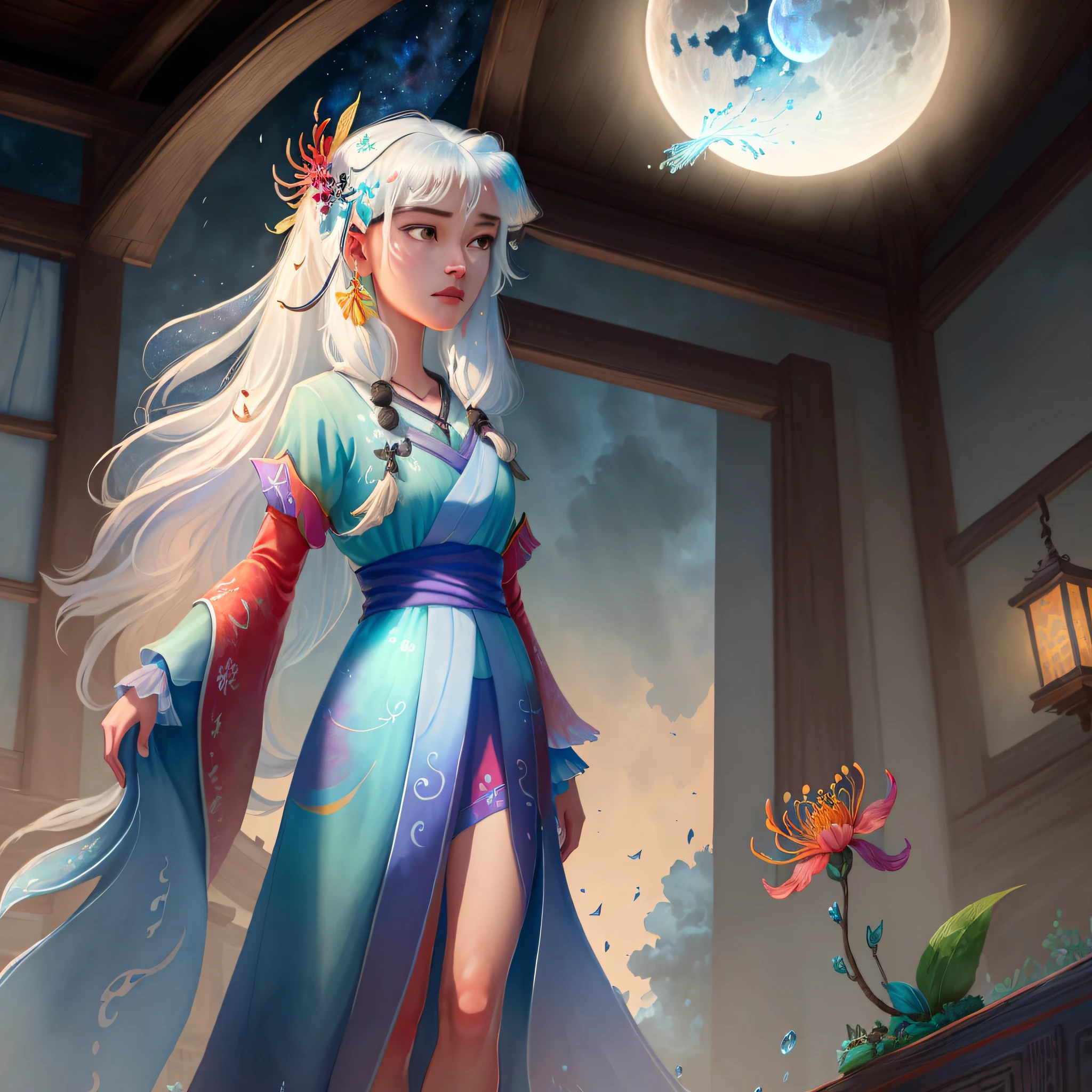 (8k, RAW photo:1.2),best quality, ultra high res,dramatic angle,(fluttered detailed color splashs), (illustration),(((1 girl))),(long hair),(rain:0.9),(hair ornament:1.4),there is an ancient palace beside the girl,chinese clothes,(focus on), color Ink wash painting,(color splashing),colorful splashing,(((colorful))),(sketch:0.8), Masterpiece,best quality, beautifully painted,highly detailed,(denoising:0.6),[splash ink],((ink refraction)), (beautiful detailed sky),moon,highly,detaild,(masterpiece, best quality, extremely detailed CG unity 8k wallpaper,masterpiece, best quality, ultra-detailed),(Lycoris radiata),