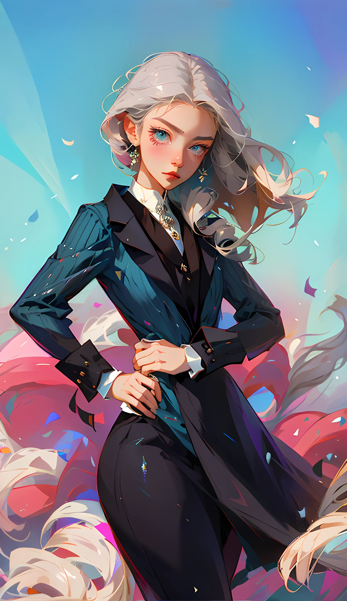 (Best Quality, Masterpiece), 1girl, a painting of a woman in a black dress and coat, beautiful character painting, girl in a suit, elegant digital art, in the art style of Bovotte, drawn in the studio of anime painter, girl in suit, produced with anime-painter studio, long-haired Ilya Kuvhinov, style art, epic elegant portrait