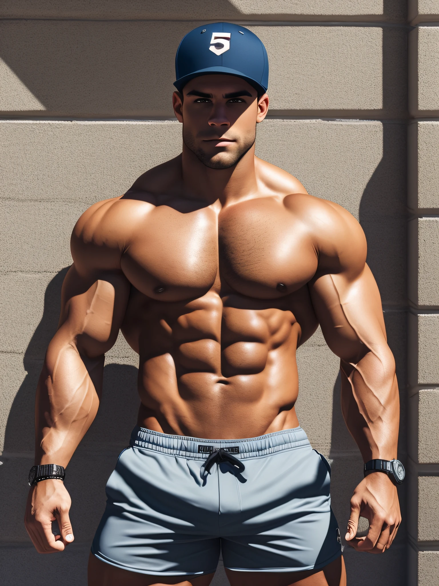 instagram photo, gymrat ((five o'oclock shadow), manscaped)), super buff and cool, short and muscular, baseball cap (highly detailed, athletic), shorts, show off, physique, (superior arrogance: 1.3, coolness: 1.1), proud looking, jock clothes (perfect fit, clothing curves with his body)