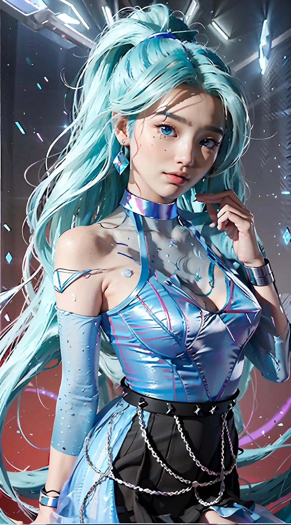 Sky, Field, Wheat, K/Da All Out Seraphine, League of Legends, K/Da \ (League of Legends), 1Girl, Solo, Aqua Green Hair, Gradient Hair, Blue Eyes, Lips, Long Hair, Long Ponytail, Ponytail, Earrings, Jewelry, Armbands, Bracelet, Ice Wings, Blue Dress, Layered Clothes, Black Skirt, One Shoulder Off-the-Shoulder, Long Stockings, Look to the Audience, Shoot from Above, Look at the Viewer, Perfect, Good Forehead