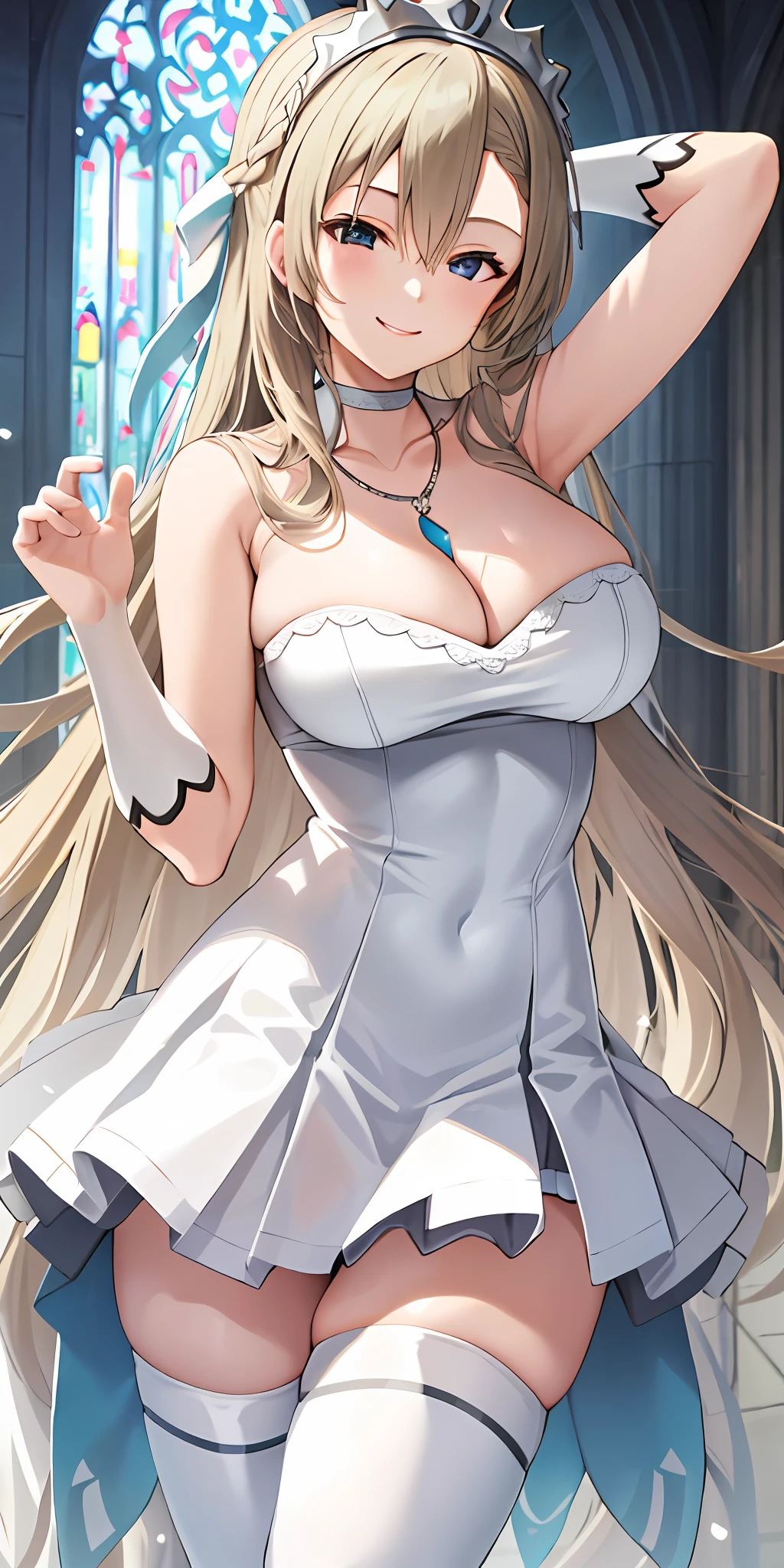 1girl, solo, asuna, long hair, large breasts, cleavage, smiling, (white bride outfit, tiara, white thighhighs, necklace), church background