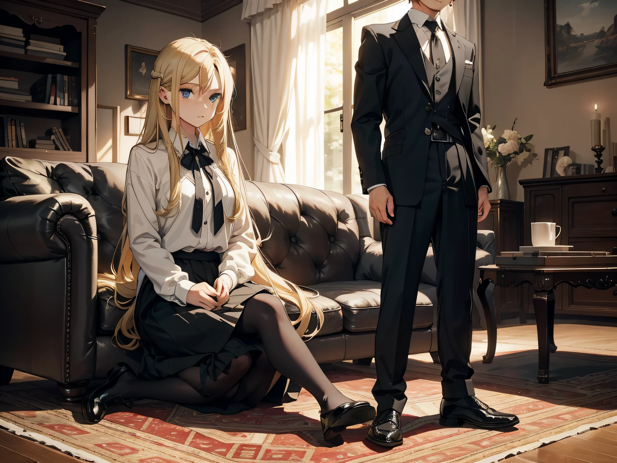 A young woman with long blonde hair in a skirt sat on the sofa and looked at the young man with short black hair kneeling on the ground in front of him