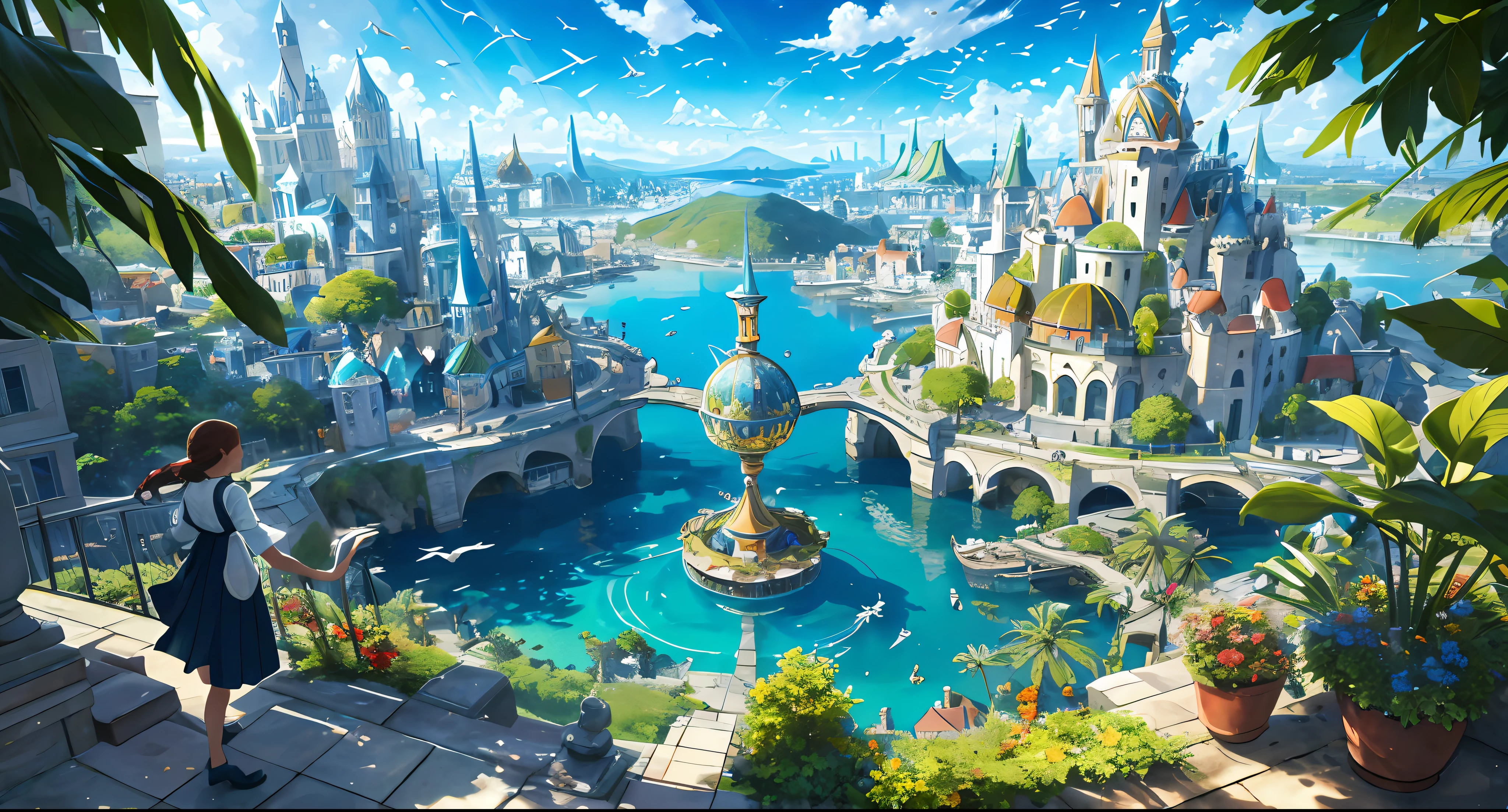 highres, ((materpiece)), ((4k)), best quality:1.2, cinematic lighting:0.9, amazing shadows, caravaggio style shadowing, ((amazing perspective:1.2)),
BREAK
depict a magical floating city in the sky, surrounded by sun and clouds, (vivid, colorful small island floating around), complex glass buildings:1.2, warm ambiance, iridescent light, ((green plants and colorful trees growing around)), ((amazing light, kaleidoscope)), fantasy art, official gme art, concept art:1.2
BREAK
depict a beautiful glass city with birds flying in the blue sky. create flags with a logo on it representing the city. gives this image a sense of traveling, and inspiration.