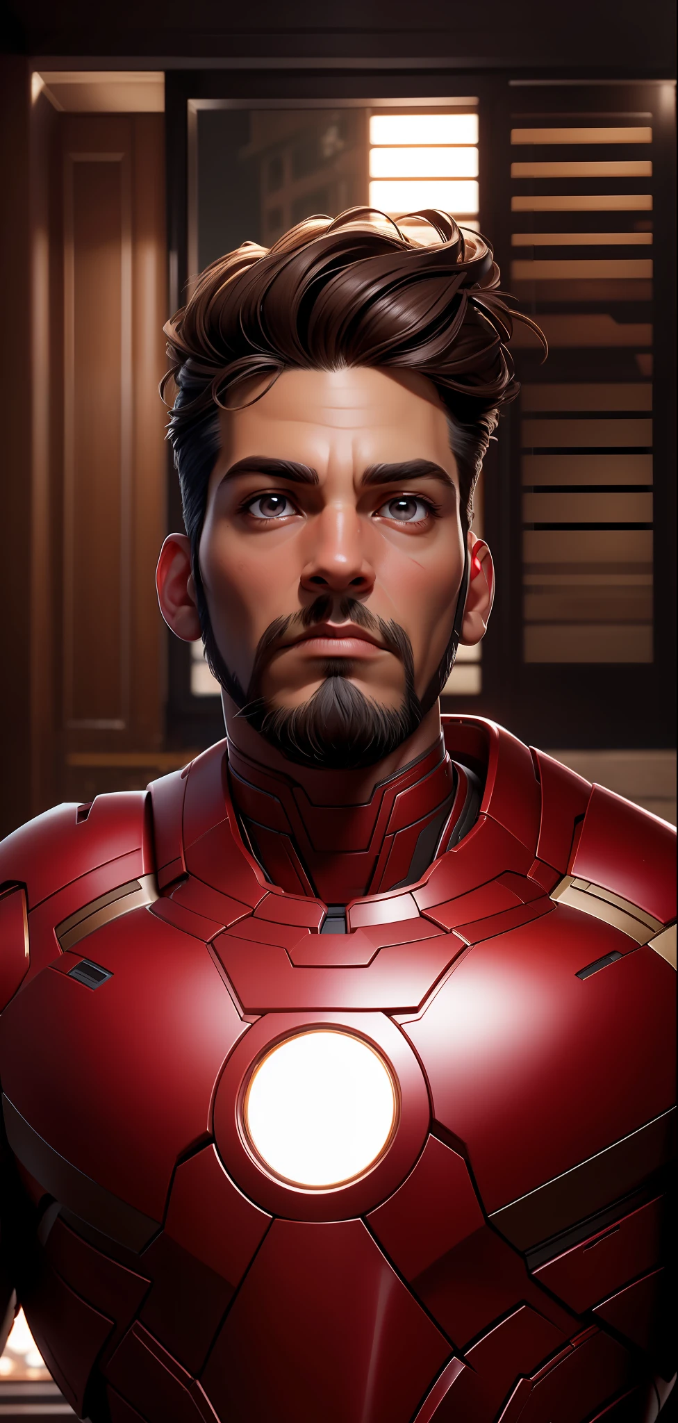 ((Best Quality, 8K, Masterpiece: 1.3)), handsome, young man, smooth skin, stylish, topknot, hunter's eyes, brown colored eyes, tanned, new york city, new york, new york, iron man armor, marvel iron man armor, manhattan, highly detailed iron man armor, short beard