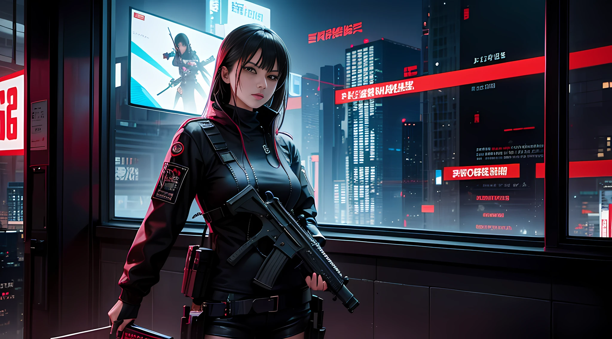 There is a woman with a gun standing in front of the window, digital cyberpunk anime art, cyberpunk anime art, digital cyberpunk - anime art, anime cyberpunk art, cyberpunk anime girl mecha, guvez style artwork, cyberpunk theme art, cyberpunk anime girl, cyborg merchant girl, female cyberpunk anime girl, cyberpunk digital painting, modern cyberpunk anime, realistic, aesthetic