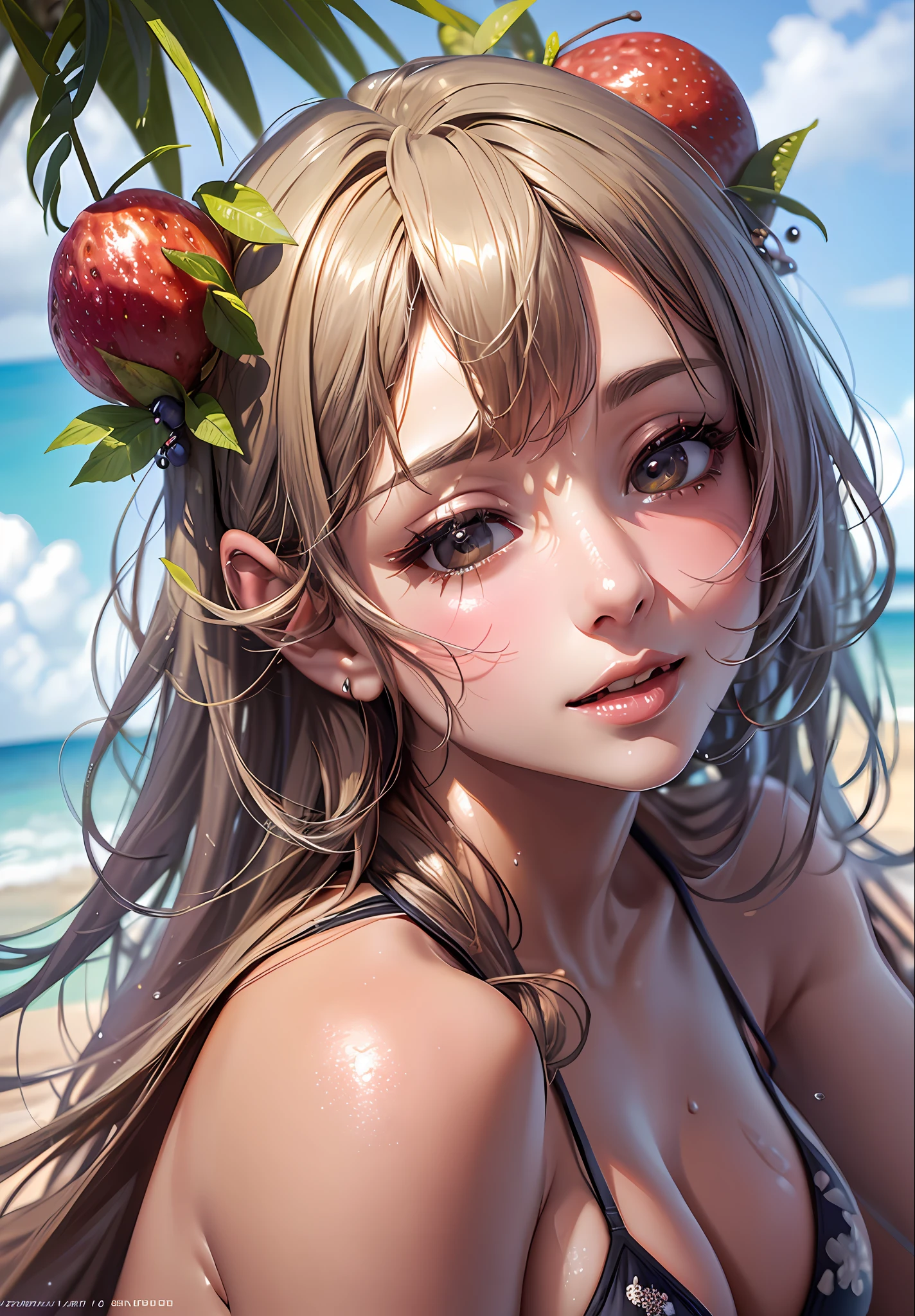 nsfw, hyperphotorealistic, buried in lots of fruits, random hairstyle and hair color, wet thin ultra micro bikini, beautiful lascivious woman kissing fruit, cheerful, sunny beach, super detailed
