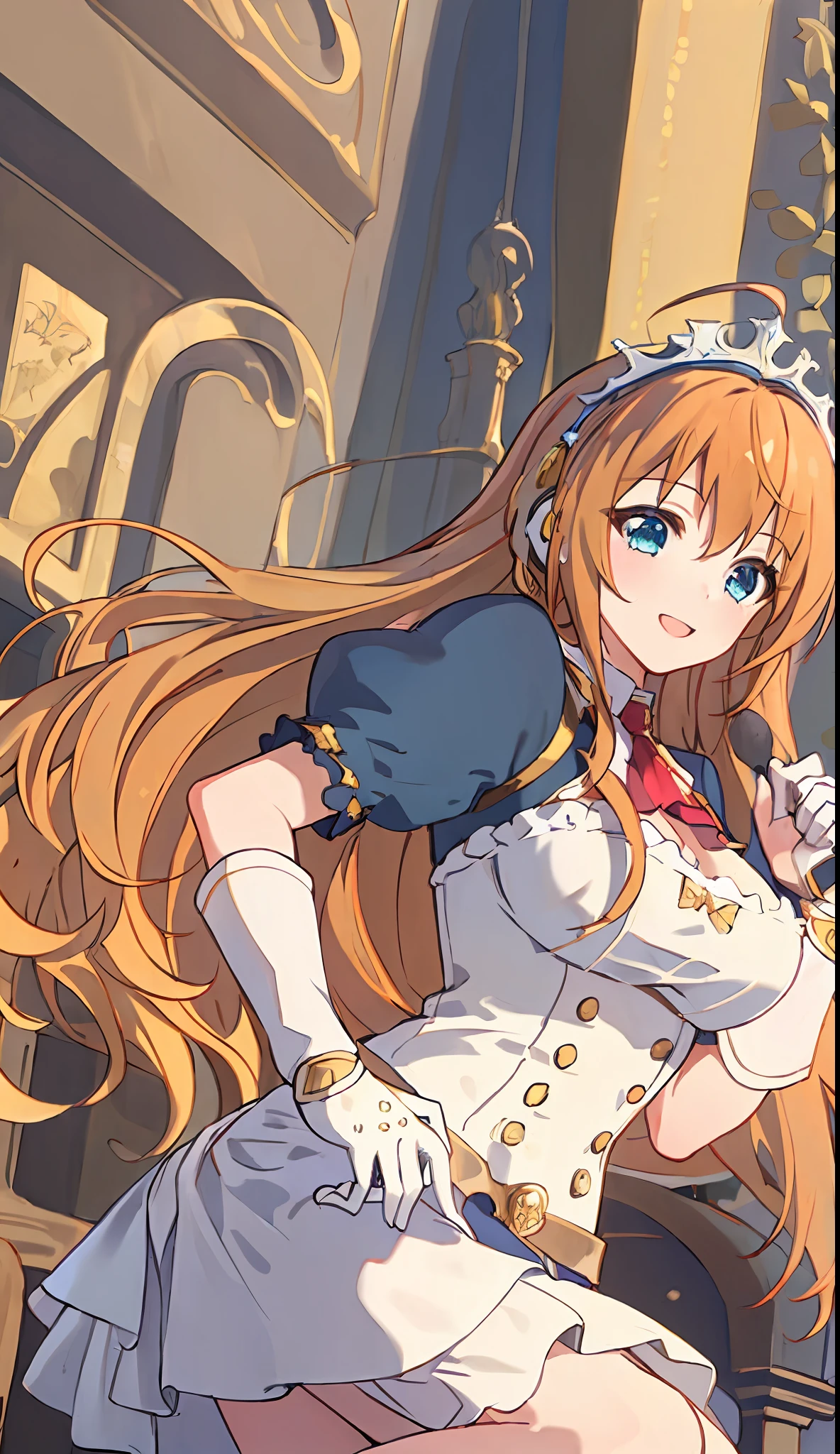 (((Masterpiece)))), (((highest quality)))), (((very detail))), precise fingers, not too many fingers, not unnatural hands, illustration, ahoge on the top of the head, 1 girl, solo, golden long hair, red miniskirt, pecorine, royal elegant pose