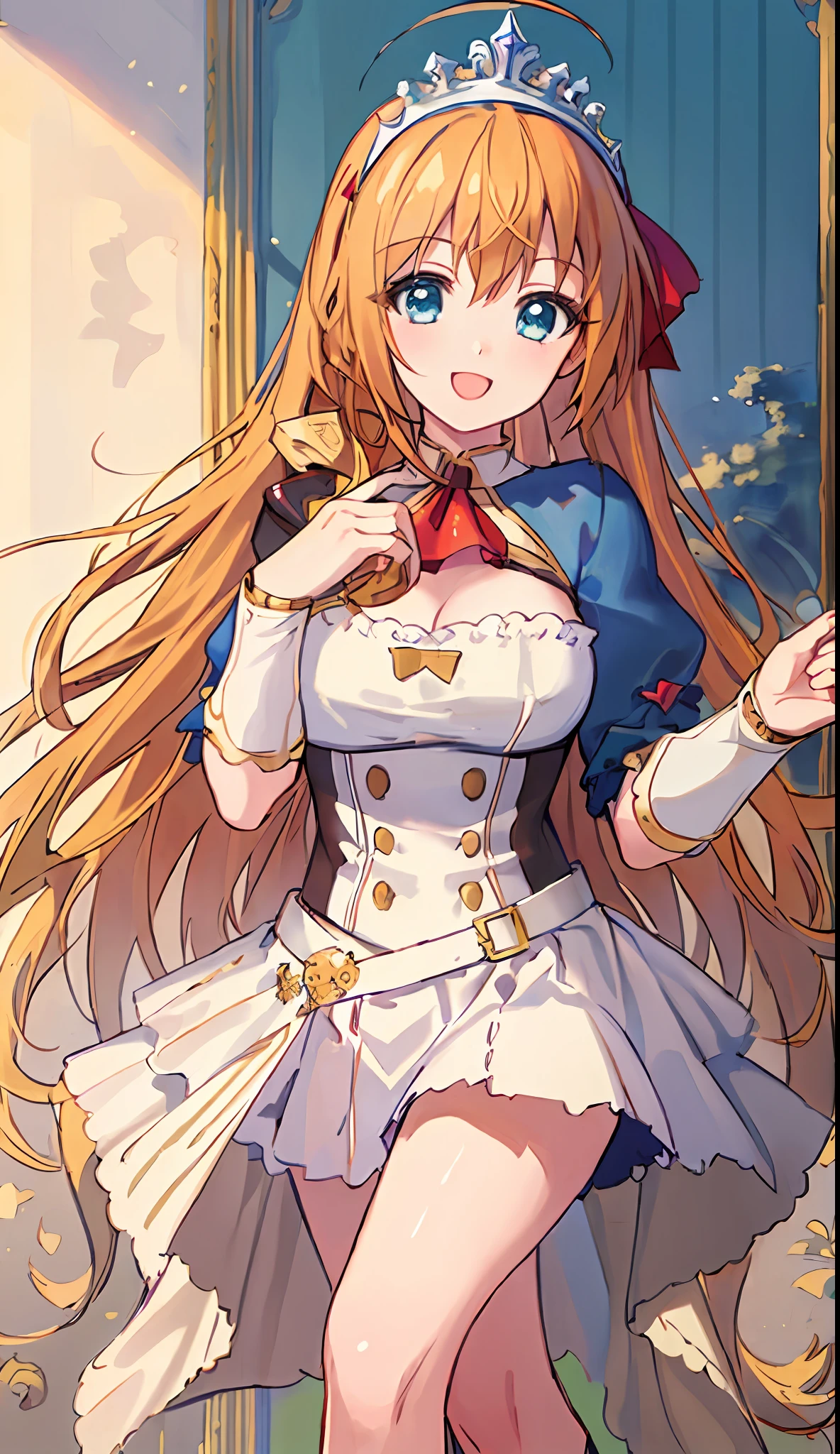 (((Masterpiece)))), (((highest quality)))), (((very detail))), precise fingers, not too many fingers, not unnatural hands, illustration, ahoge on the top of the head, 1 girl, solo, golden long hair, red miniskirt, pecorine, royal elegant pose