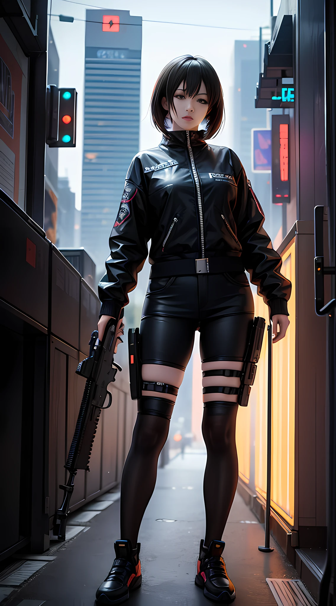There is a woman with a gun standing in front of the window, digital cyberpunk anime art, cyberpunk anime art, digital cyberpunk - anime art, anime cyberpunk art, cyberpunk anime girl mecha, guwiz style artwork, cyberpunk theme art, cyberpunk anime girl, cyborg merchant girl, female cyberpunk anime girl, cyberpunk digital painting, modern cyberpunk anime, realistic, aesthetic, full body photo.