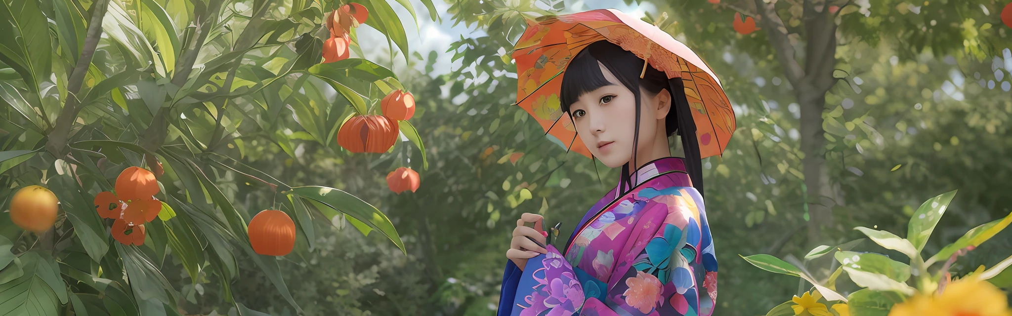 there is a woman in a colorful dress and umbrella standing in a field, palace , a girl in hanfu, with acient chinese clothes, japonisme 3 d 8 k ultra detailed, artwork in the style of guweiz, chinese girl, chinese costume, 🌺 cgsociety, japanese kimono, ao dai, cinematic. by leng jun, trending on cgstation