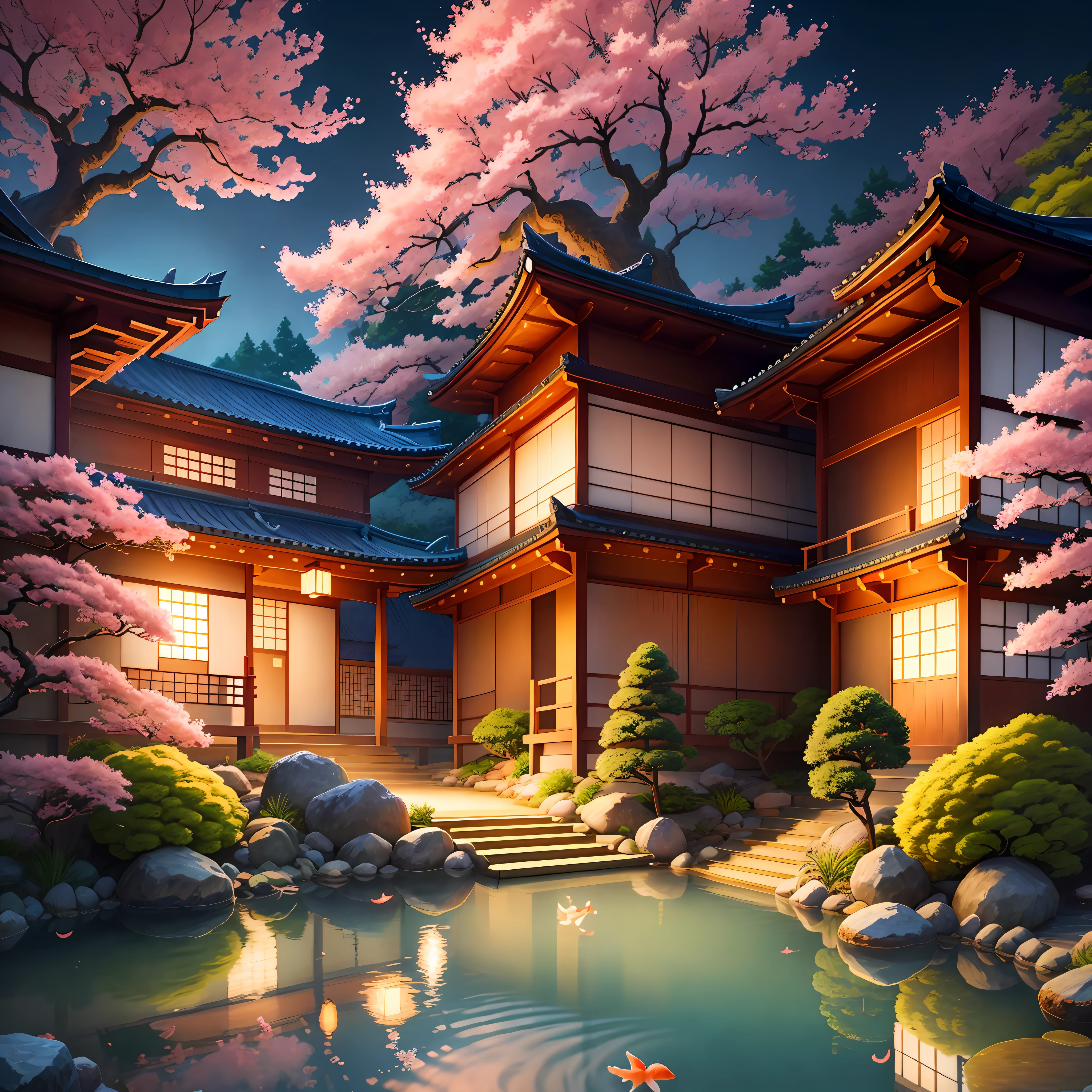 (digital painting),(best quality), serene Japanese garden, cherry blossoms in full bloom, koi pond, footbridge, pagoda, Ukiyo-e art style, Hokusai inspiration, Deviant Art popular, 8k ultra-realistic, pastel color scheme, soft lighting, golden hour, tranquil atmosphere, landscape orientation