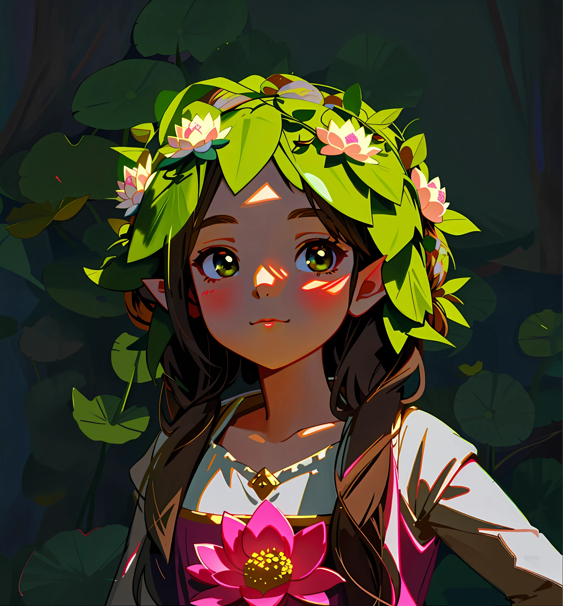 there is a little girl wearing a flower crown on her head, portrait of fairy princess, flower child, crown made of felt, portrait of cute girl, lotus floral crown girl, little elf girl, portrait of a cute girl, cute young girl, dressed in laurel wreath, soft portrait shot 8 k, portrait of magical young girl, girl with a flower head, young girl