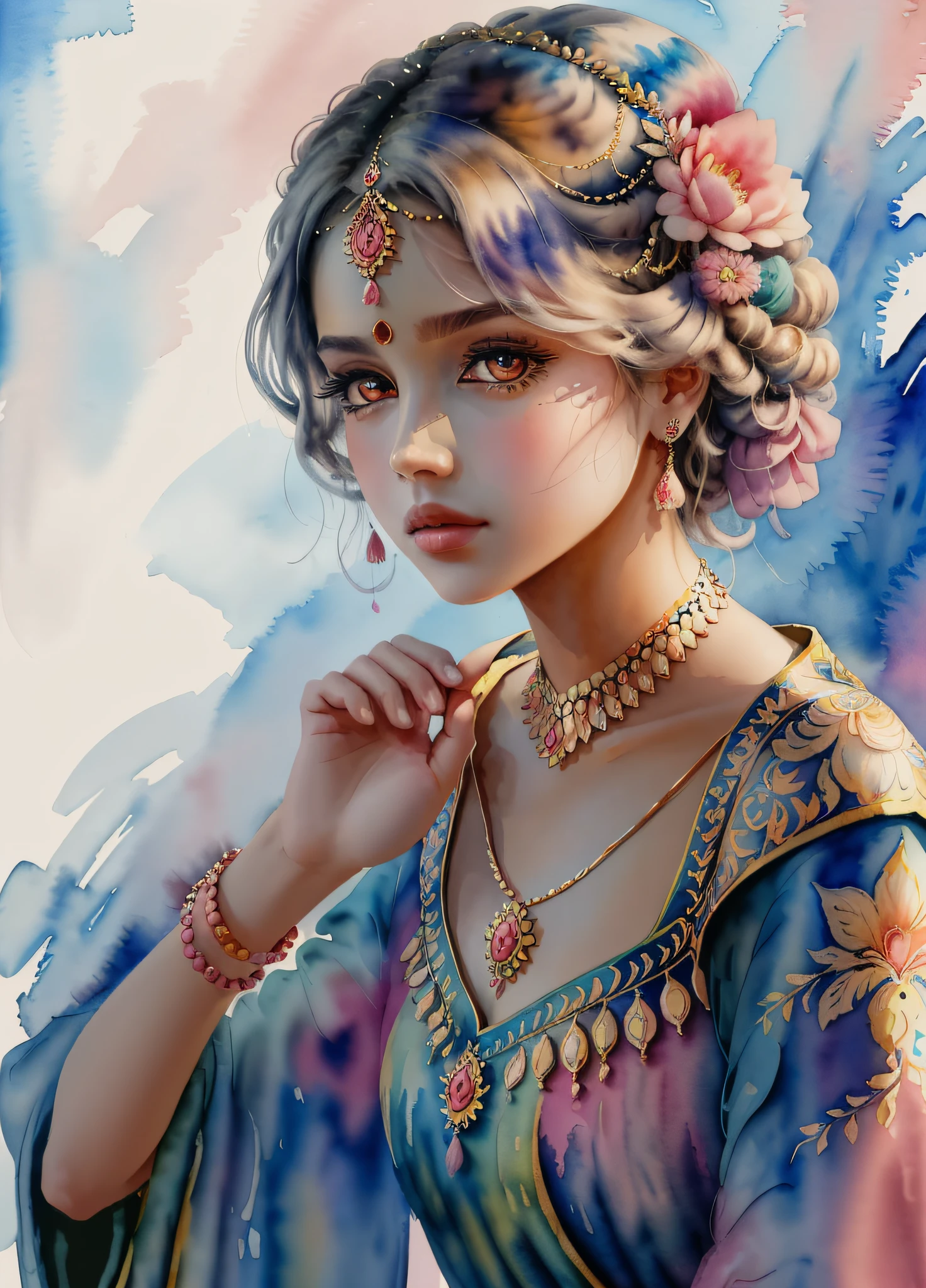 (masterpiece),(best quality:1.1),(ultra-detailed),best illustration,finely detail,(watercolor drawings：1.3),(hand-painted：1.3),light colors,low contras,bust body,(Portrait),(extremely close-up),***********,(cute),(wearing Indian national costume：1.4),（The dress was decorated with jewels and crystals), big pink eyes,looking at viewer,Slightly open lips,(inely detailed beautiful face),(hands hidden in the sleeves),(Watercolor brush hair),(In the magnificent palace),梦幻,(detailed background:1.2),(colored background:1.1), High Resolution,高度逼真和详细的绘画