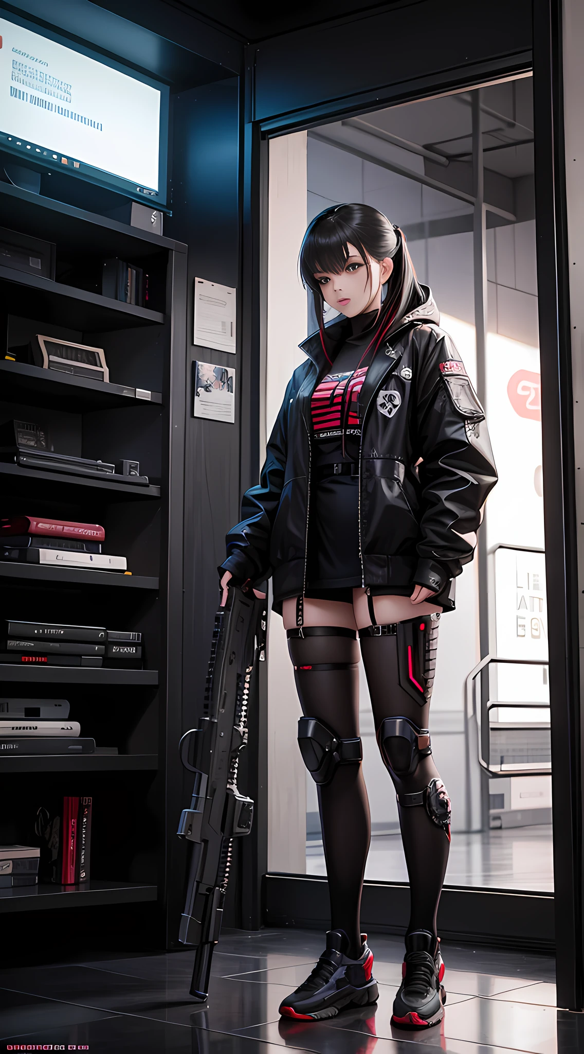 There is a woman with a gun standing in front of the window, digital cyberpunk anime art, cyberpunk anime art, digital cyberpunk - anime art, anime cyberpunk art, cyberpunk anime girl mecha, guwiz style artwork, cyberpunk theme art, cyberpunk anime girl, cyborg merchant girl, female cyberpunk anime girl, cyberpunk digital painting, modern cyberpunk anime, realistic, aesthetic, full body photo.