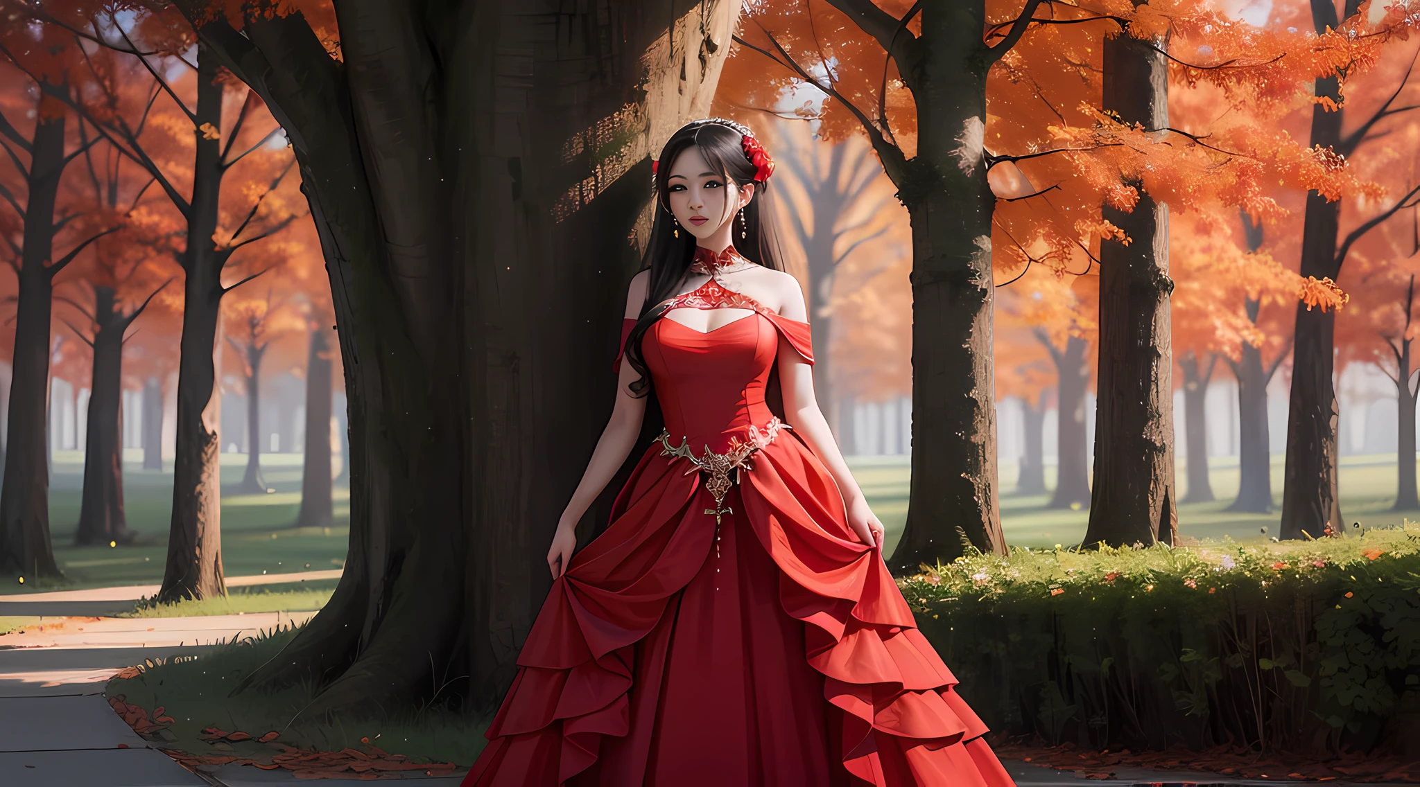 There is a woman in a red dress and earrings standing in front of a tree, a digital painting inspired by Ai Xuan, popular on Artstation, digital art, Guvez style artwork, Guvez, art trends, beautiful digital illustration, [4K digital art]!!, beautiful digital illustration, digital art. Art station, aesthetics