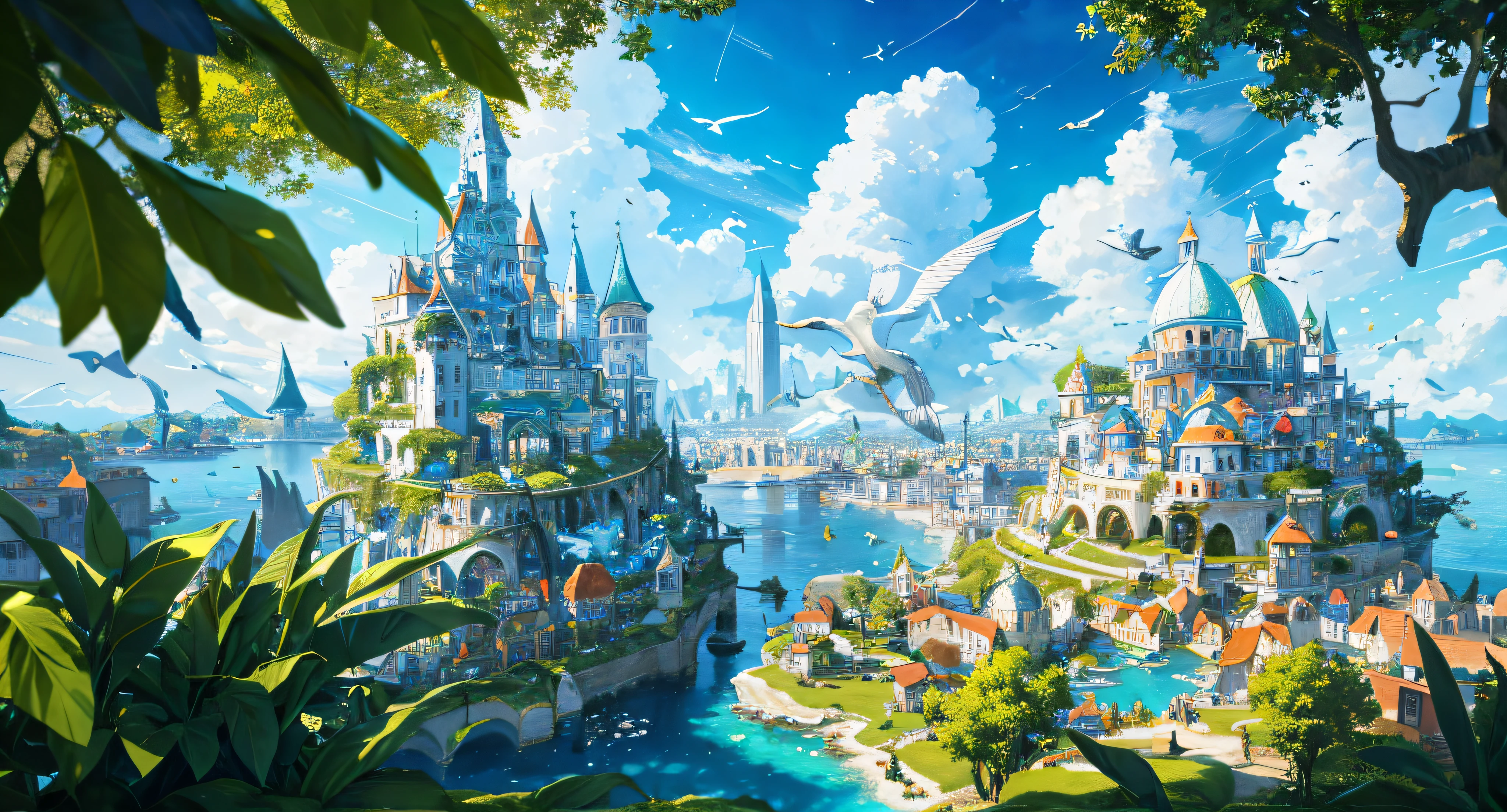 highres, ((materpiece)), ((4k)), best quality:1.2, cinematic lighting:0.9, amazing shadows, caravaggio style shadowing, ((amazing perspective:1.2)),
BREAK
depict a magical floating city in the sky, surrounded by sun and clouds, (vivid, colorful small island floating around), complex glass buildings:1.2, warm ambiance, iridescent light, ((green plants and colorful trees growing around)), ((amazing light, kaleidoscope)), fantasy art, official gme art, concept art:1.2
BREAK
depict a beautiful glass city with birds flying in the blue sky. create flags with a logo on it representing the city. gives this image a sense of traveling, and inspiration.