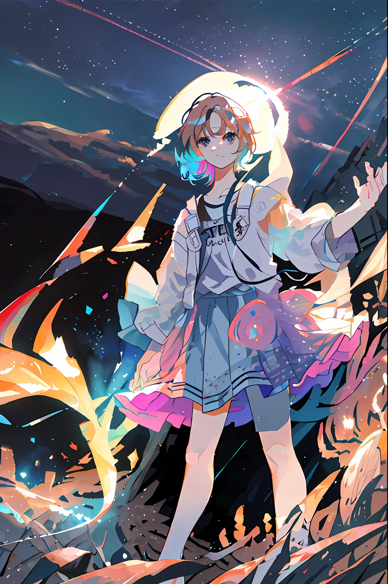Expansive landscape photograph, (view from below with a view of the sky and the wilderness below), standing in a flower field looking up, (full moon: 1.2), (shooting star: 0.9), (nebula: 1.3), distant mountain, tree break production art, (warm light source: 1.2), (firefly: 1.2), lamp, purple and orange, intricate detail, volume lighting BREAK (masterpiece: 1.2), (highest quality), 4k, ultra-detailed, (dynamic composition: 1.4), highly detailed and colorful details (iridescent: 1.2), (glowing lighting, atmospheric lighting), dreamy, magical, (solo: 1.2) war-torn Tokyo in the background by moonlight, a savior girl who landed there, brown eyes, pink hair, blue aura emanating from the body, right hand raised up, A rainbow-colored beam comes out of the finger of the right hand, the tip of the beam extends to the sky and the beam is released like fireworks, and iridescent light is scattered in all directions like a flash, and there are multiple charred corpses at the girl's feet