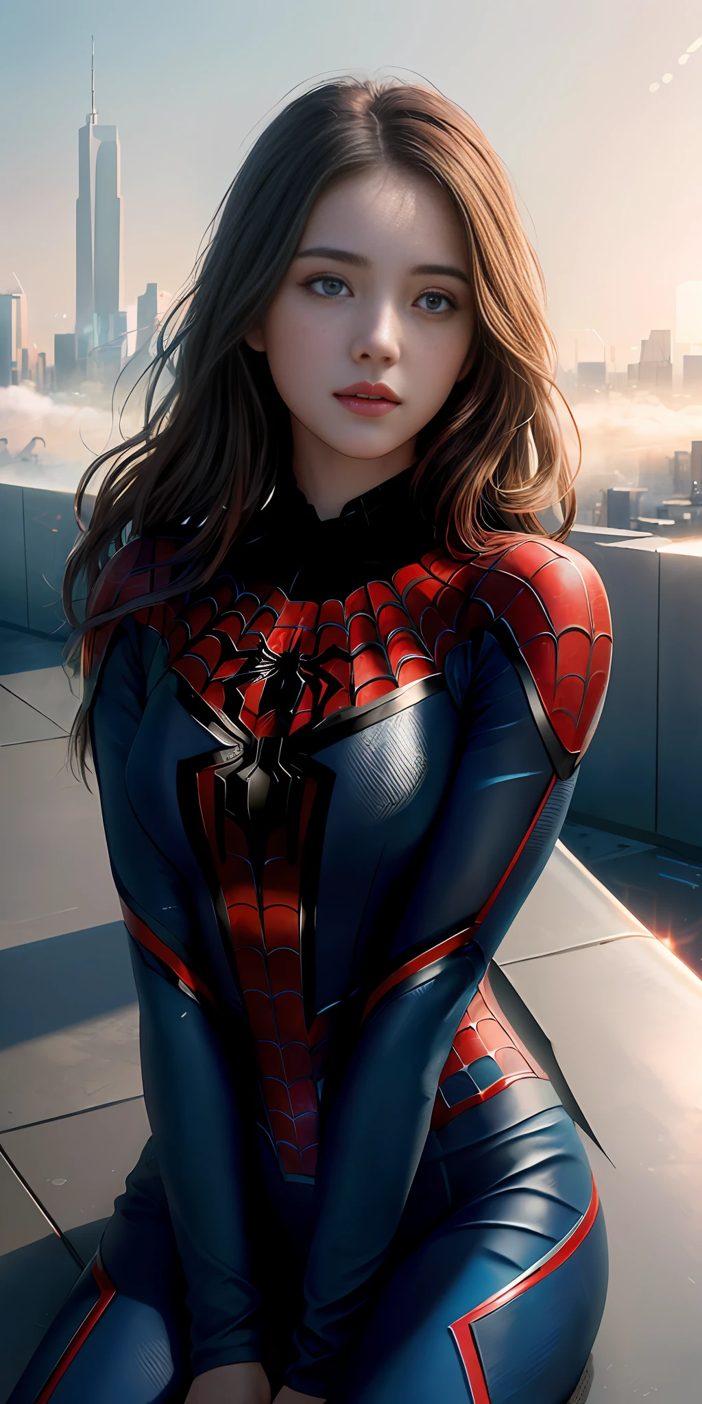 (1girl:1.3), Solo, (((Very detailed face)))), ((Very detailed eyes and face)))), Beautiful detail eyes, Body parts__, Official art, Unified 8k wallpaper, Super detailed, beautiful and beautiful, beautiful, masterpiece, best quality, original, masterpiece, super fine photo, best quality, super high resolution, realistic realism, sunlight, full body portrait, amazing beauty, dynamic pose, delicate face, vibrant eyes, (from the front), She wears Spider-Man suit, red and black color scheme, spider, very detailed city roof background, rooftop, overlooking the city, detailed face, detailed complex busy background, messy, gorgeous, milky white, highly detailed skin, realistic skin details, visible pores, clear focus, volumetric fog, 8k uhd, DSLR, high quality, film grain, fair skin, photo realism, lomography, futuristic dystopian megalopolis, translucent