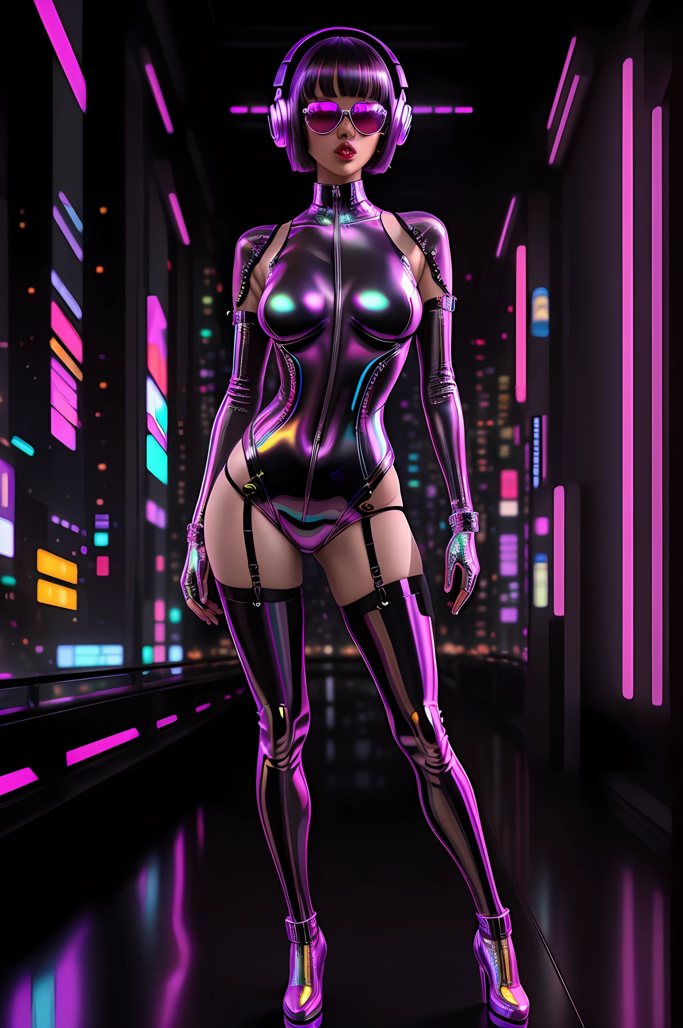 (masterpiece, best quality) digital illustration of a woman, ((full body)), wearing holographic bodysuit, chrome, tokyo background, 2000s, sunglasses, headphones, blunt bob, bangs, gogo boots, y2k, fashion illustration, futurism (UHD, HDR, highres, bokeh, ultra detailed)