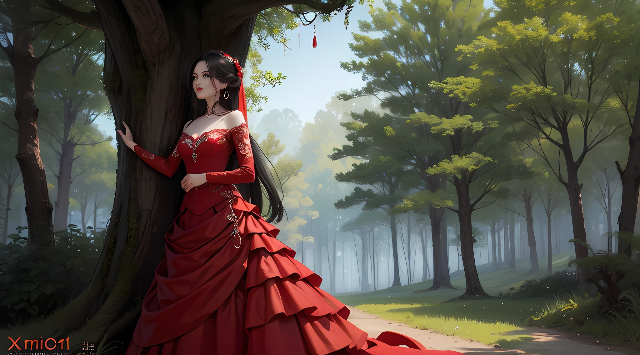 There is a woman in a red dress and earrings standing in front of a tree, a digital painting inspired by Ai Xuan, popular on Artstation, digital art, Guvez style artwork, Guvez, art trends, beautiful digital illustration, [4K digital art]!!, beautiful digital illustration, digital art. Art station, aesthetics