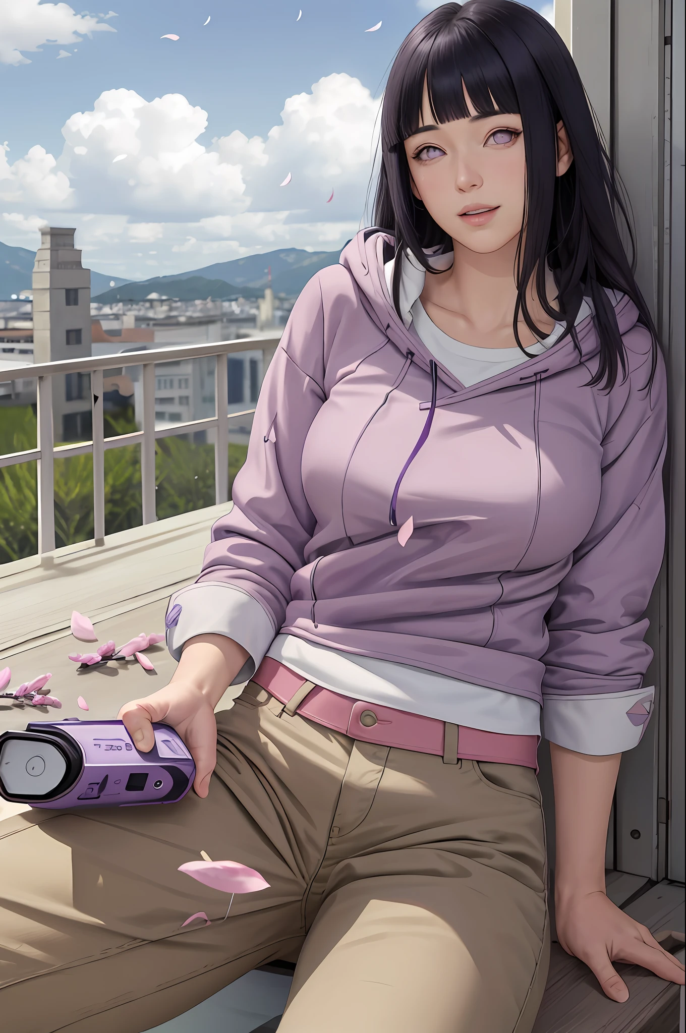 masterpiece, absurdres, hinata\(boruto\), 1girl, solo,mature female, purple hoodie,layered sleeves, brown pants,  outdoors,lavender flower field, looking at viewer, (falling petals), cloudy sky, perfect composition, detailed lips, big breast, beautiful face, body propotion, blush, (pink lips), long hair,  purple eyes,  soft gaze, sad smile,  super realistic, detailed, photoshoot, realistic face and body,  realistic hair, realistic eyes, realistic nose, realistic lips