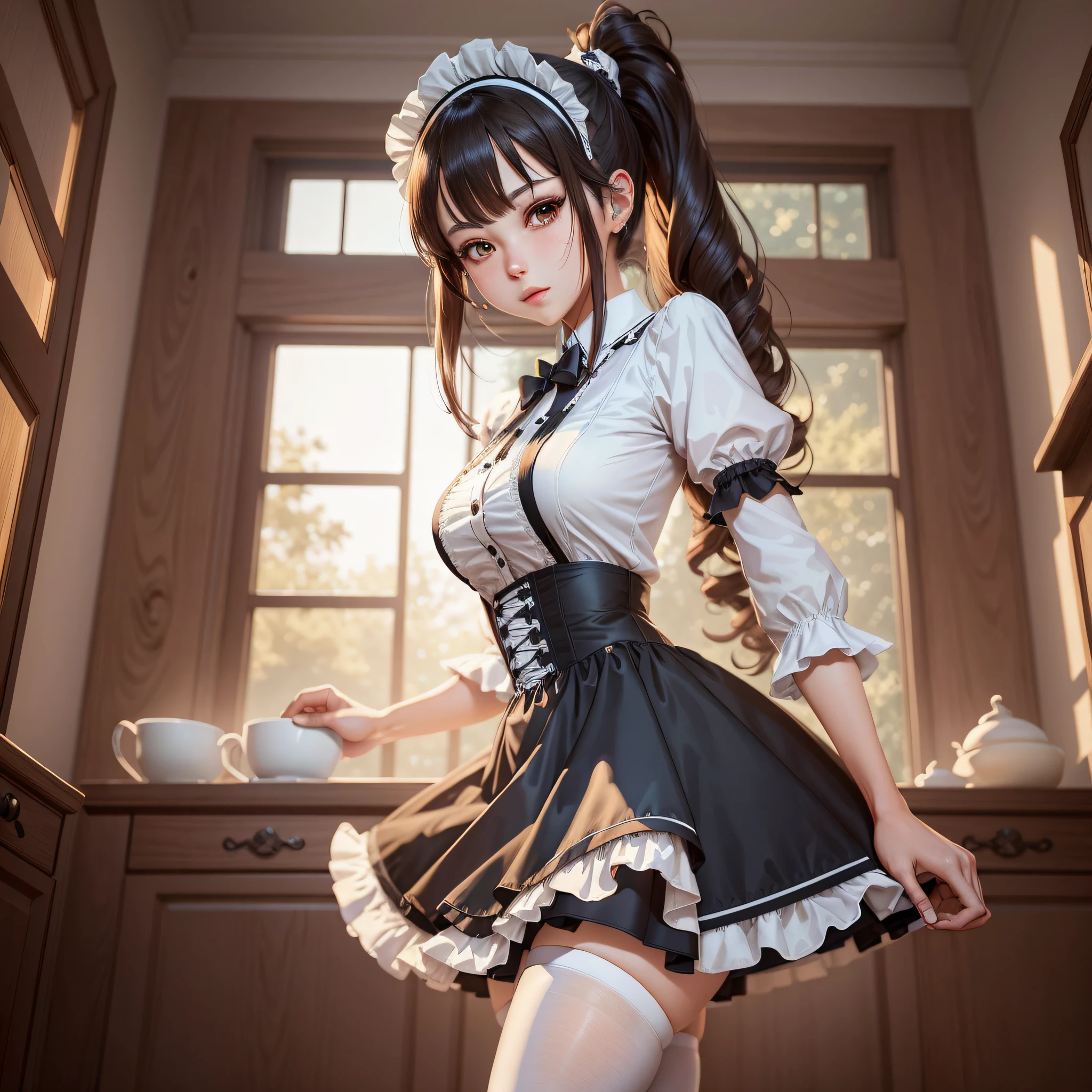 There is a woman holding a cup in a maid costume, an anime girl in a maid costume, a gorgeous maid, a maid costume, a role play for a catboy! Maid! dress, maid dress, anime cat girl in maid costume, sexy maid in enchanted forest, maid, wearing maid uniform, maid costume, popular in cgstation, anime girl cosplay, detailed, high resolution, very detailed, best quality, masterpiece, illustration, very detailed, CG, unified, amazing, fine detail, best quality, light on face, cinematic lighting