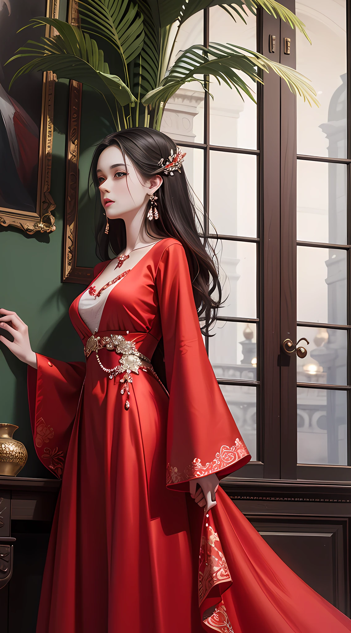 There is a woman in a red dress and earrings standing in front of a tree, a digital painting inspired by Ai Xuan, popular on Artstation, digital art, Guvez style artwork, Guvez, art trends, beautiful digital illustration, [4K digital art]!!, beautiful digital illustration, digital art. Art station, aesthetic, full body photo
