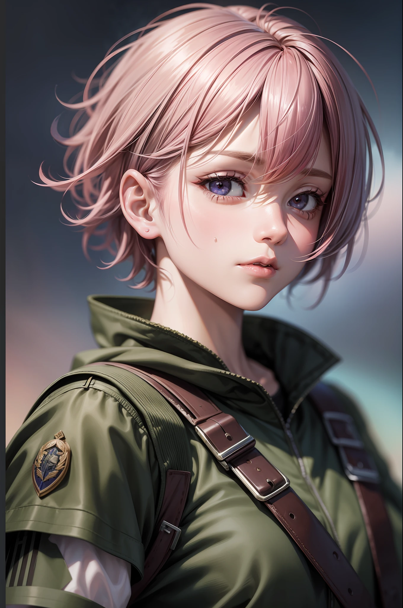 Beautiful girl, pink hair , pink eyes, short hair, holding a gun (masterpiece), (best quality), (ultra detailed),(disheveled hair),(illustration), (1girl), (army clothes ), fight in the war , standing,Fashion model,looking at viewer, (interview), (war background),beautiful detailed eyes,delicate beautiful face,Floating,(high saturation),(colorful splashes),colorful bubble,(shining),focus on face,