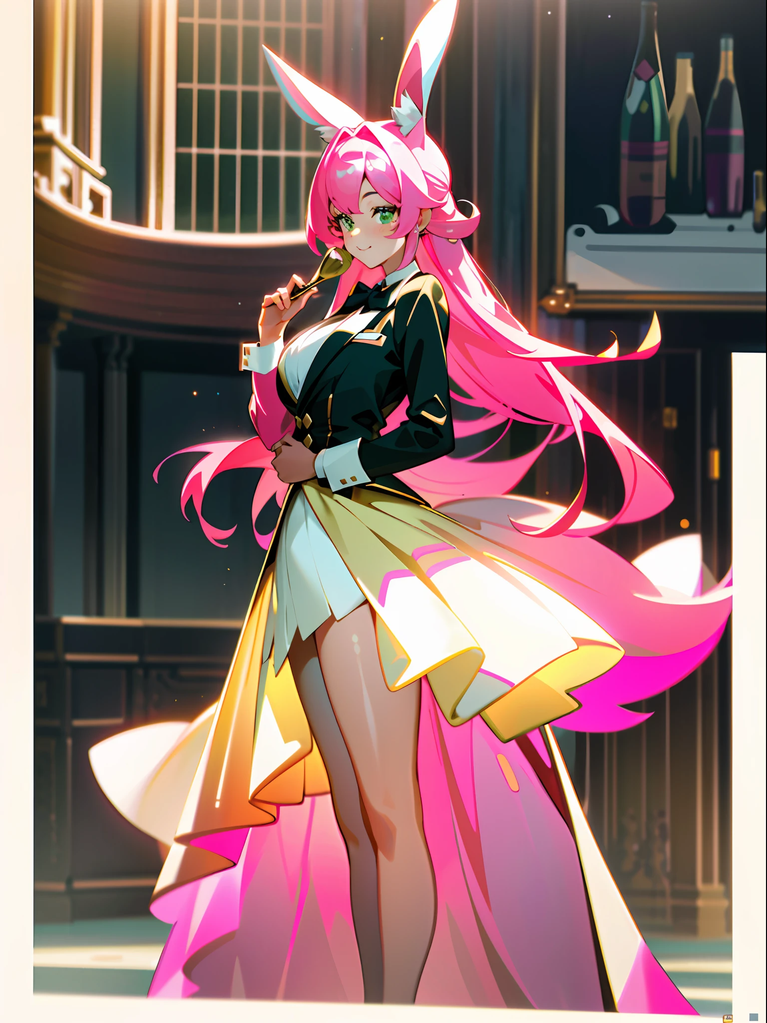 One beautiful girl, green eyes, pink hair and rabbit ears, chubby figure, 3 sizes B99W70H105, tuxedo, sexy, teak, champagne, ceremony, master-piece, hyper quality, hyper detailed, perfect drawing, CG, 3D, 8k, illustration,