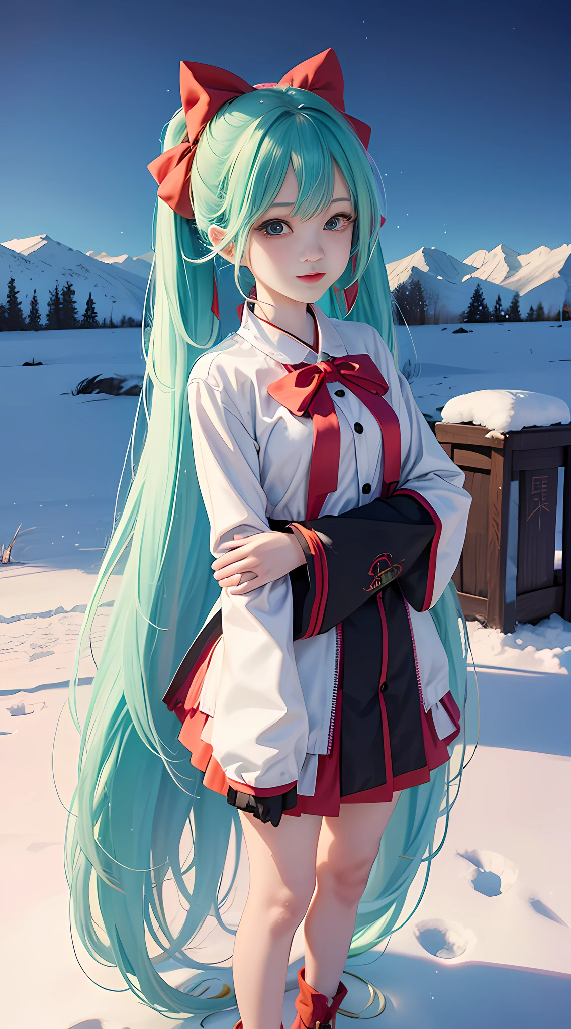 Anime girl with long hair and bow in the snow, concept art of Shi Tao, pixiv contest winner, fantasy art, guwiz style artwork, guvitz, guwiz in pixiv art station, beautiful young wind spirit, digital art on pixiv, vocaloid, hatsune miku portrait, aesthetic, full body photo