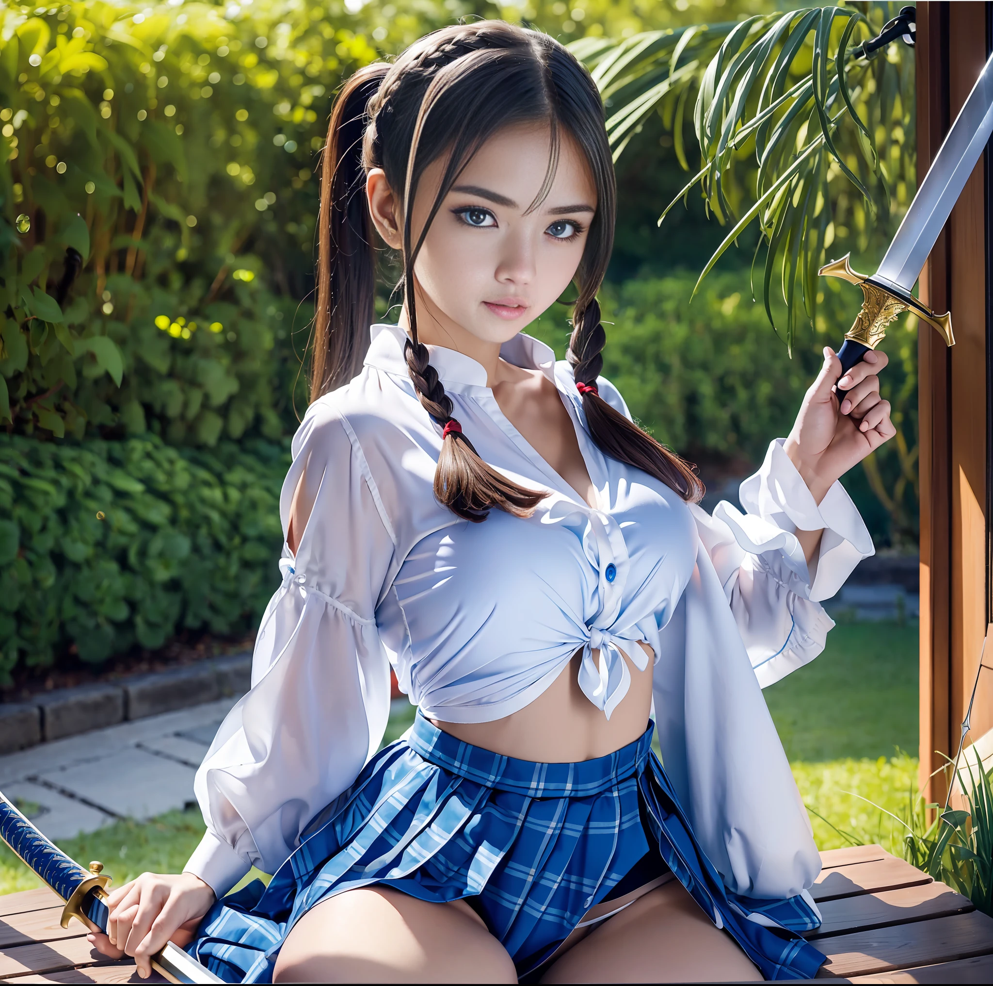 (top quality, masterpiece), 1girl, intricate details, (shading realistic lighting), huge file size, high resolution, atmosphere, mystical, romanticism, literature, art, fashion, elegant, realistic, (perfect anatomical depiction of the human body), teenage girl is dressed as a schoolgirl of Japan and is doing a Japan sword demonstration and raising her legs, (holding a sword and having a beautiful posture), Serious expression as if in battle, The girl is a brunette Japan with pigtails with whitening skin blue eyes and partially braided hair, japanese, (very big), (super big), (thin waist), (fleshy big buttocks hanging down), (thin thighs), (), (crimson ribbon tie with smooth thin fabric neat white blouse), ( blouse breasts are very cramped), (no bra), (dark areola), (blouse crushes large breasts and spreads to the side), (dark blue tartan checked micro mini pleated skirt), (white and large panties covering the buttocks), (no skin exposed on the upper body)), (neat clothes with all buttons fastened), (blouse hem tucked inside the skirt), ( Stomach, back and chest are hidden by blouse and cannot be seen directly), (Beautiful big blue eyes), (Thin and clear double eyelid lines in the eyes), (Glossy, plump and brightly toned tear bags under the eyes), (Light blue iris), (Some highlights on the iris and pupil), (Red representation of the conjunctiva), (Long eyelashes that are well visible), (Blouse with super big), ( skin and hair sparkling in the sunlight), daytime city shot, cameltoe, (beautiful pose with a sword), perfect hands, nice hands,