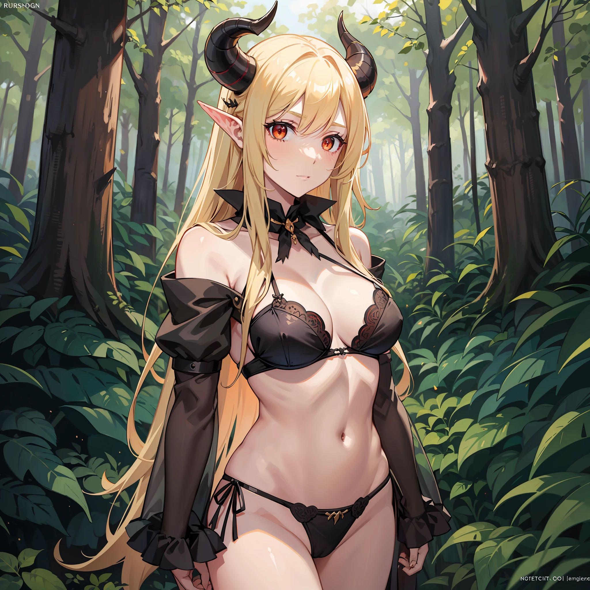 A woman, long blonde hair, horns, flaming eyes, succubus, panties and bra, in a forest,
