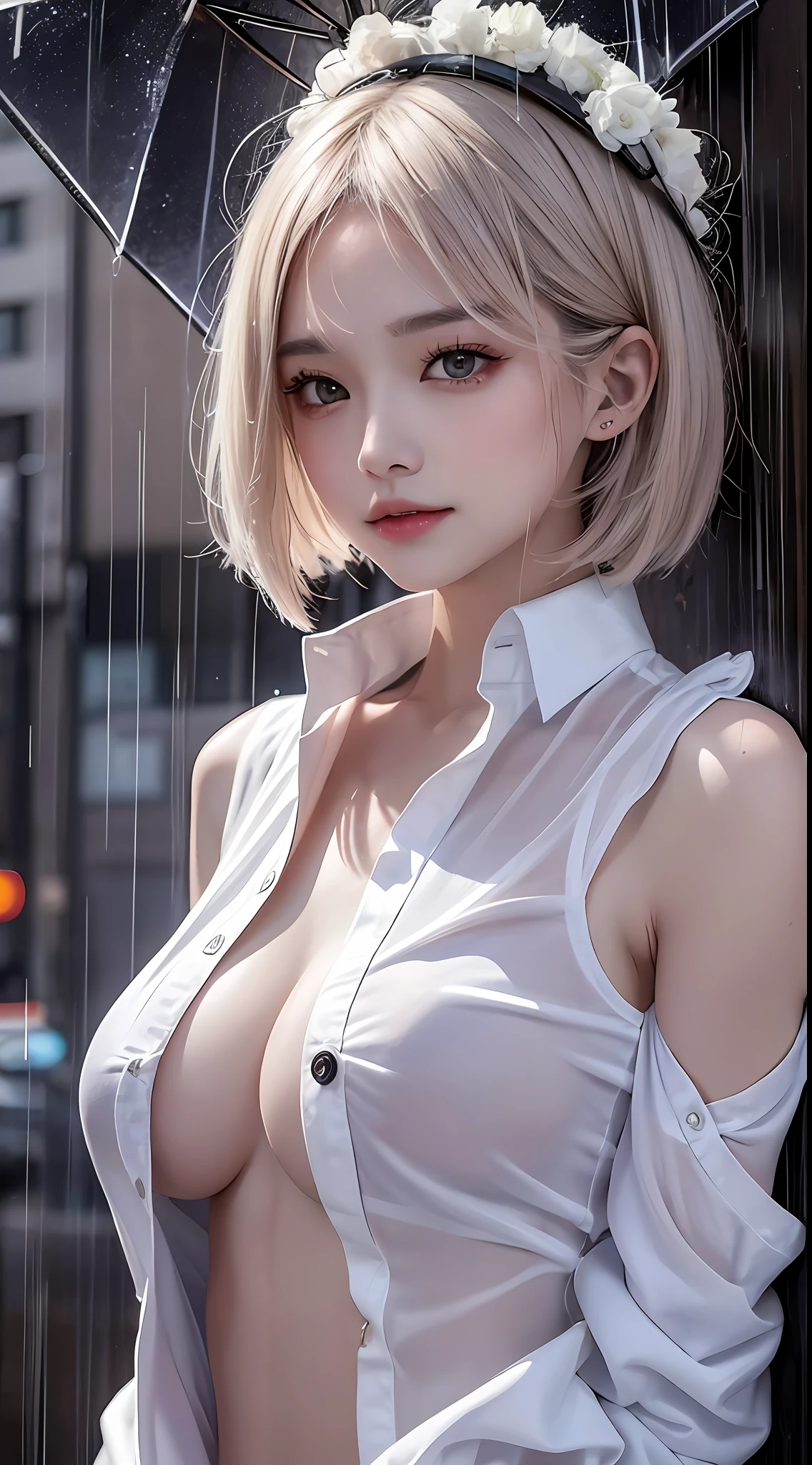 ((Best quality, 8k, Masterpiece: 1.3)), Sharp focus: 1.2, A beautiful woman with perfect body: 1.4, Slim abdomen: 1.2, ((Layered haircut, Large breasts: 1.2)), (no bra) (Small and beautiful hard nipple) (Thin and damp button up to shirt length: 1.1), (White shirt wet by rain), (Rain, Street: 1.2), Wet body: 1.1, Highly detailed face and skin texture, Detailed eyes, Double eyelid, tanned skin, sexy, tan