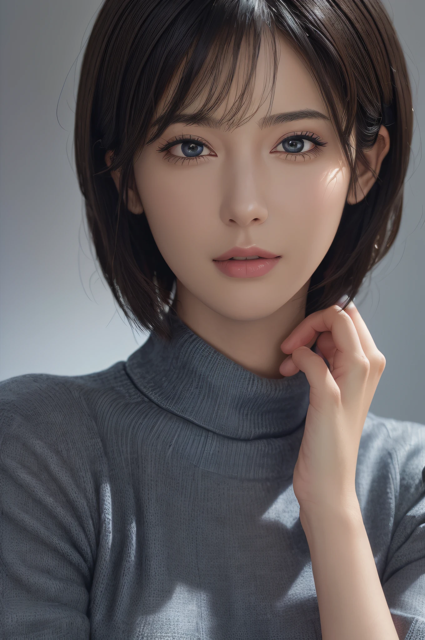 (Masterpiece: 1.3), (8k, Photorealistic, RAW Photo, Best Quality: 1.4), (1girl), Beautiful Face, (Realistic Face), (Black Hair, Short Hair: 1.3), Beautiful Hairstyle, Realistic Eyes, Beautiful Detail Eyes, (Realistic Skin), Beautiful Skin, (Sweater), Ultra High Definition, Ultra Realistic, High Definition, Golden Ratio, Japan Idol