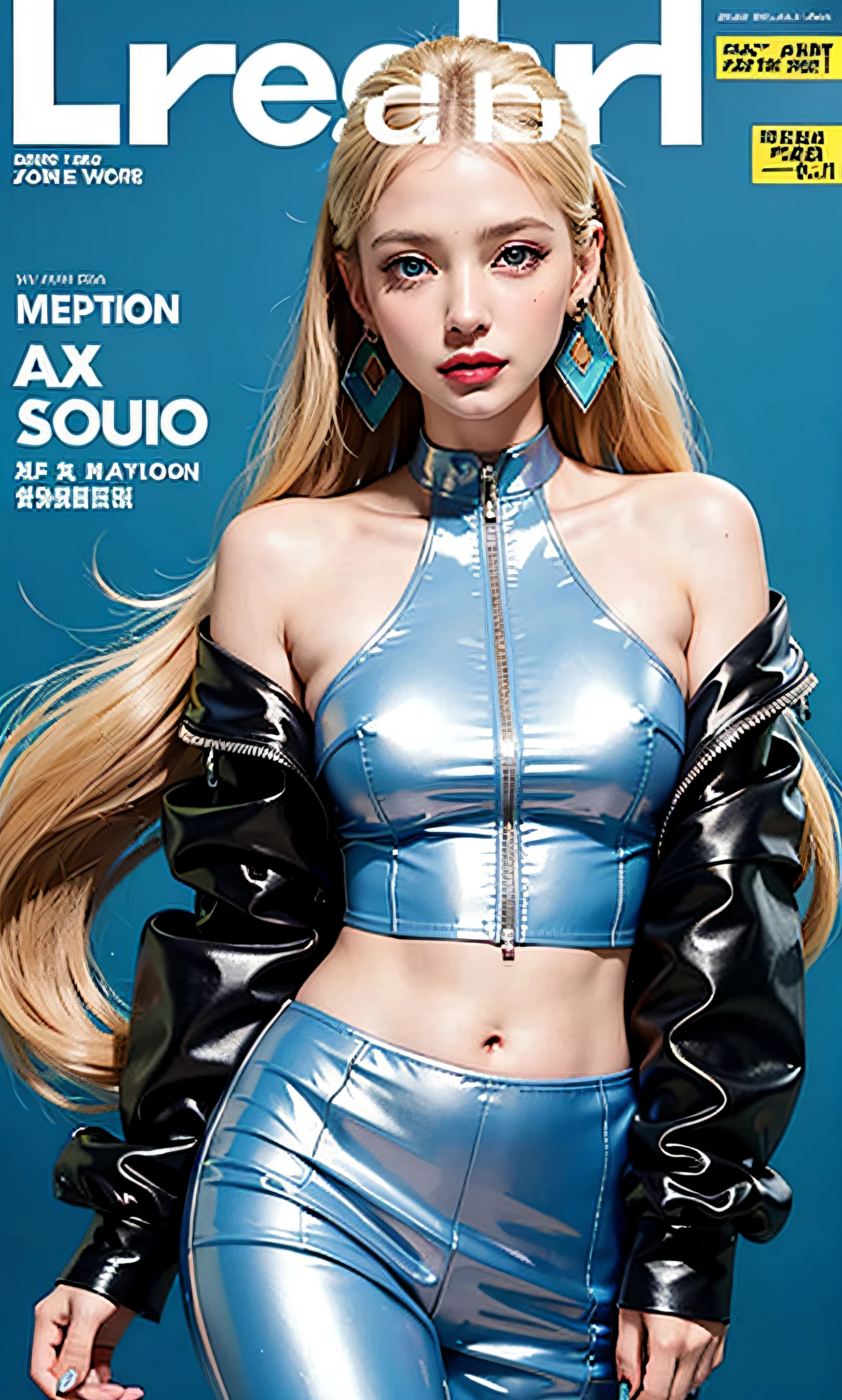 ([Sonam Kapoor:Liv Tyler:0.75]:0.8), woman, solo, fashion, shiny transparent jacket, latex crop-top, beautiful detailed blue eyes, smile, twintails, blonde hair, abstract geometric background,medium shot, magazine cover, cover art, illustration, studio shot, earrings, eyelashes, eyeshadow, lips, lipstick, jewelry, makeup, nose, parted lips,standing, navel