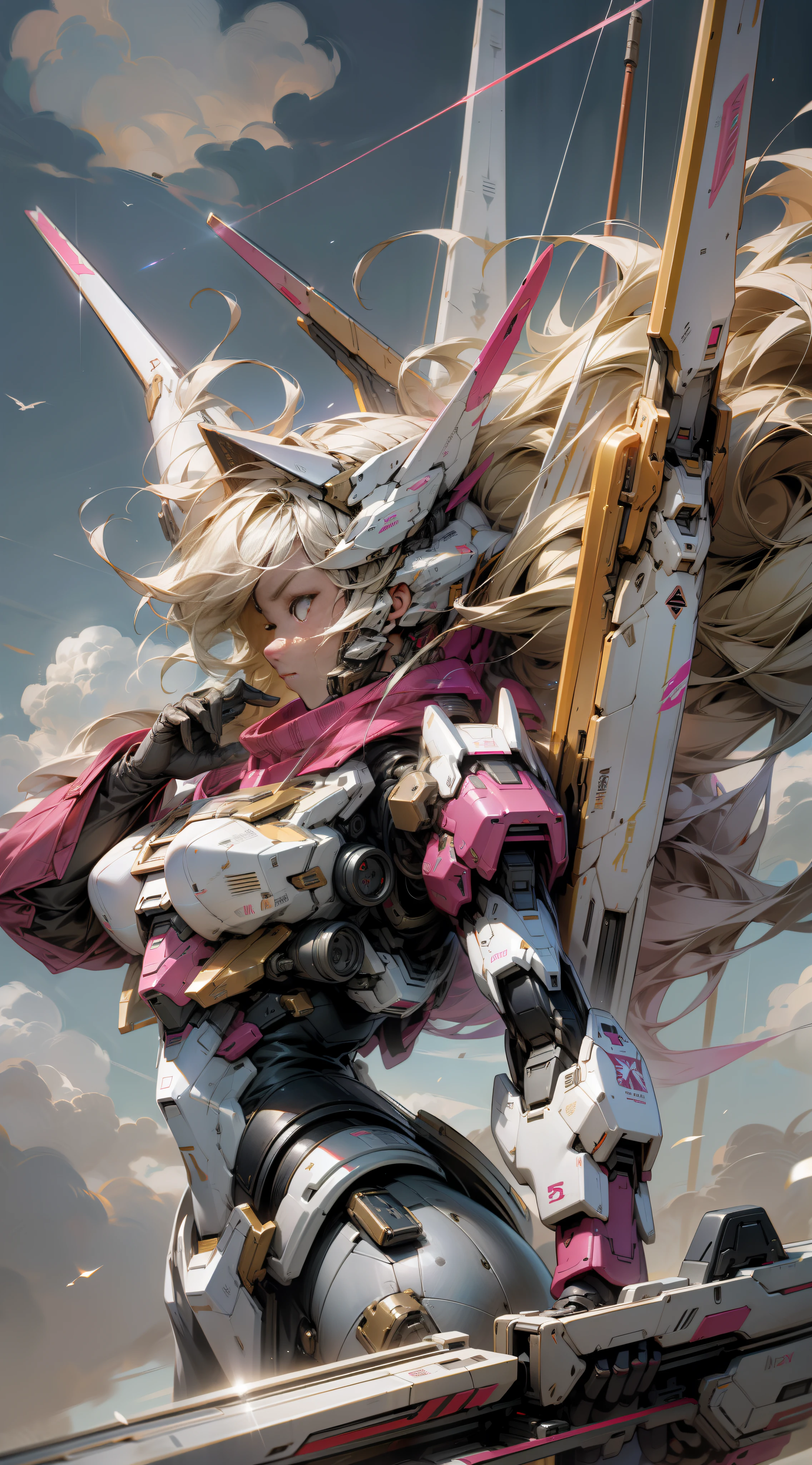 cool tones, surrealism, ray tracing, realistic, ultra hd, high detail, 32k, best quality, textured skin, gold and pink, fight, weapon, background with clouds, gundam mecha, flight, mecha, masterpiece, best quality, unmanned, (upper body), (axisymmetric: 1.4), (HDR), (cinematic light: 1.1), white eyes, cool, science fiction, universe, oversized shield with laser cannon beam, war, conflict, Weapons in the hand (with huge weapons: 1.5).