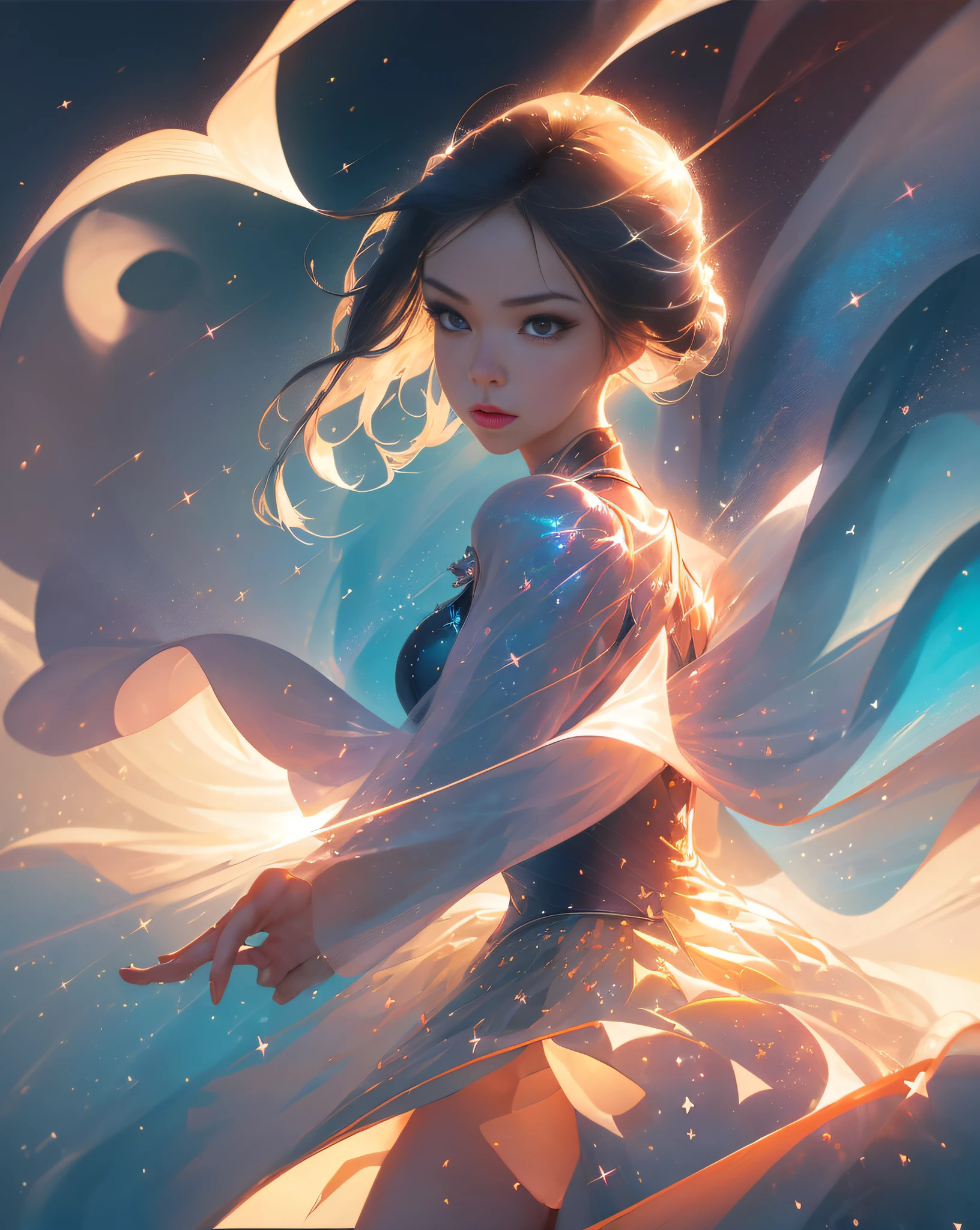(pretty:1.5), figure skater, (adult), striking image, artistic composition, emotional, active, motion, particles,masterpiece,highest quality,1girl,(close up),magical,beautiful dress,sparkles,starburst effect,motion blur,field of view,dramatic angle