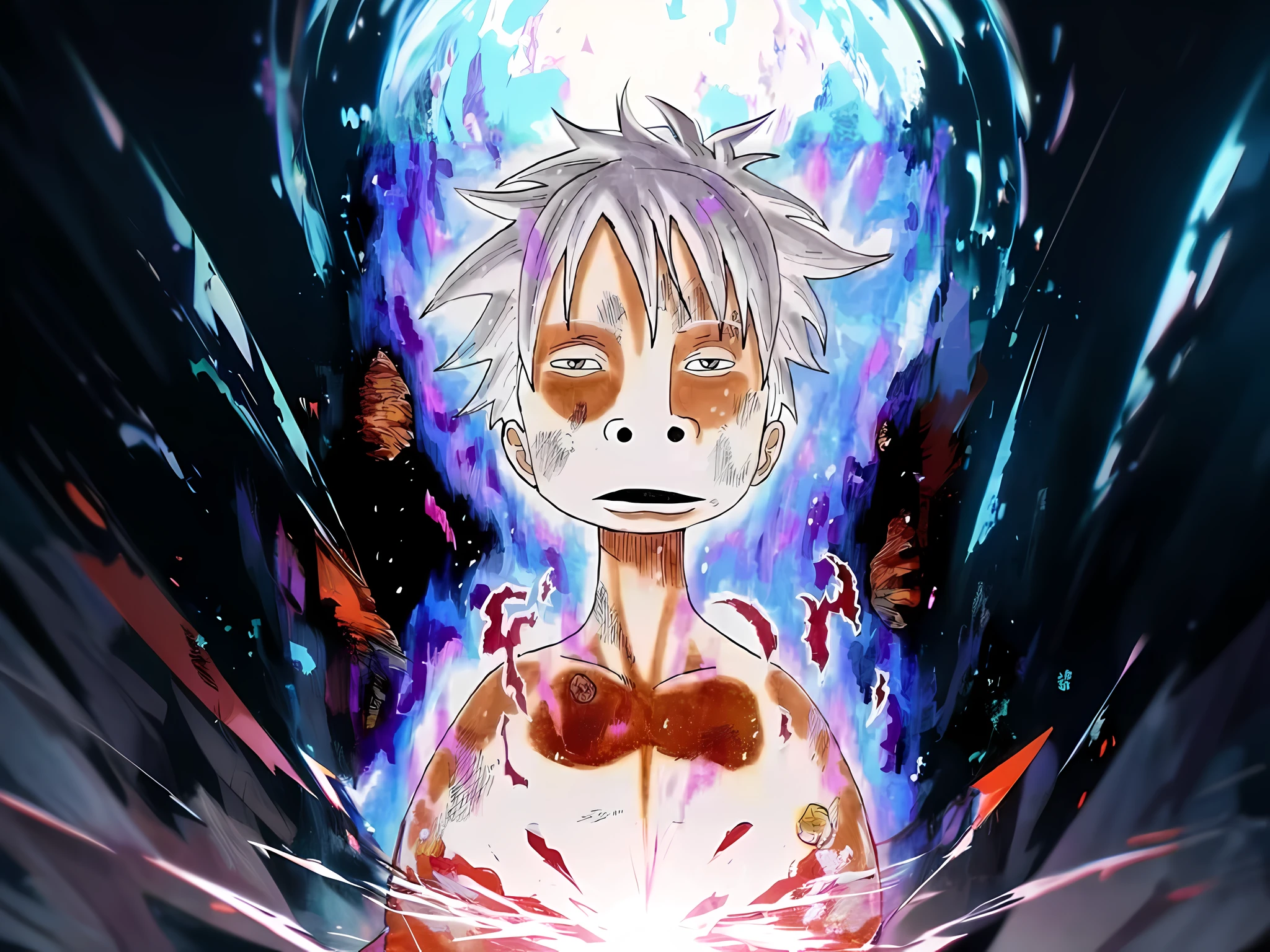 anime character with a body full of blood and a body full of blood, dreamy psychedelic anime, ultra instinct, in a anime masterpiece, killua zoldyck, ahegao, key anime visuals, kaworu nagisa, anime character; full body art, screenshot from guro anime, transforming into his final form, a silver haired mad