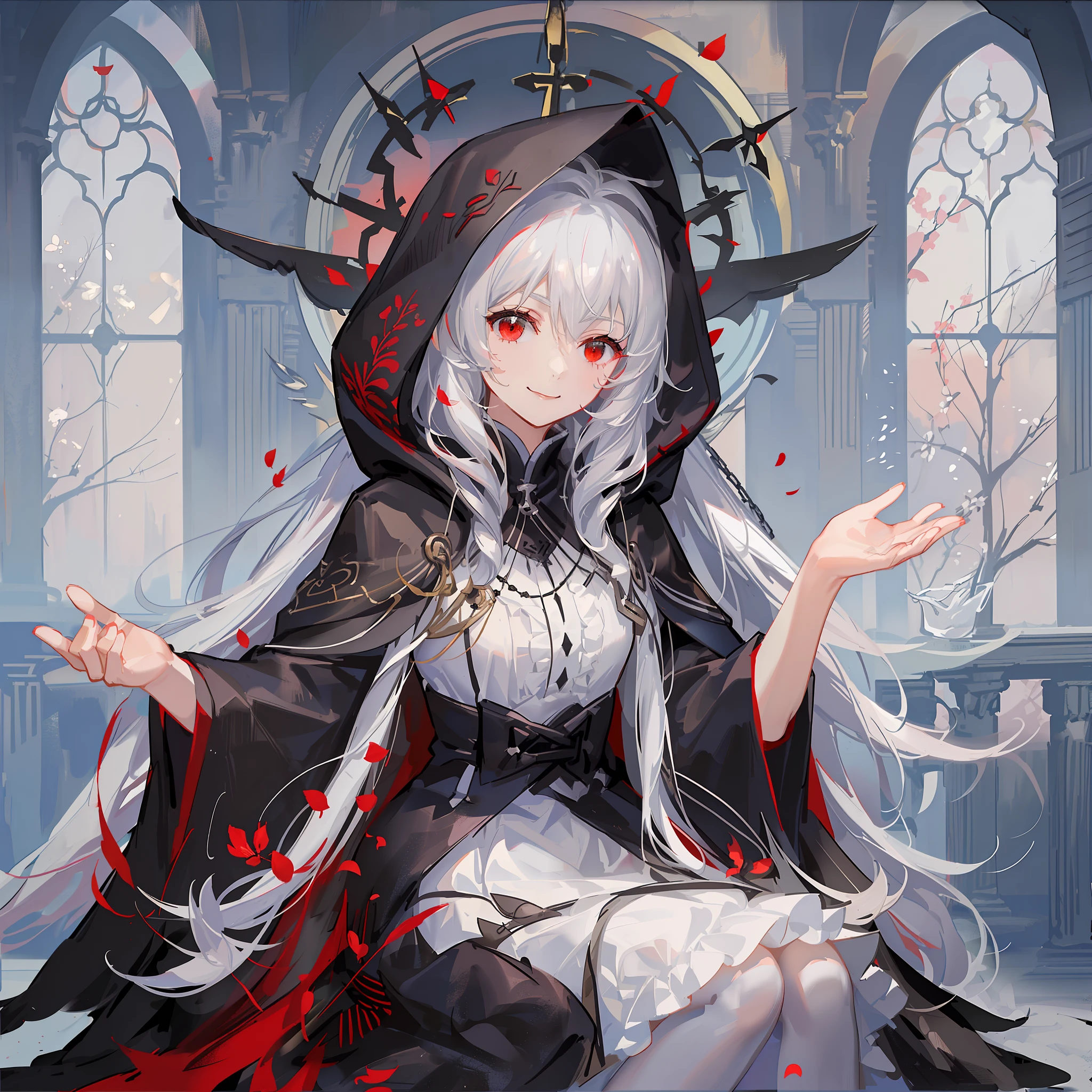 Maiden, white stockings, playful smile, round red thread striped road black robe, hood, cape, red eyes, long white hair, sitting on a black throne, full body, mage, holy girl