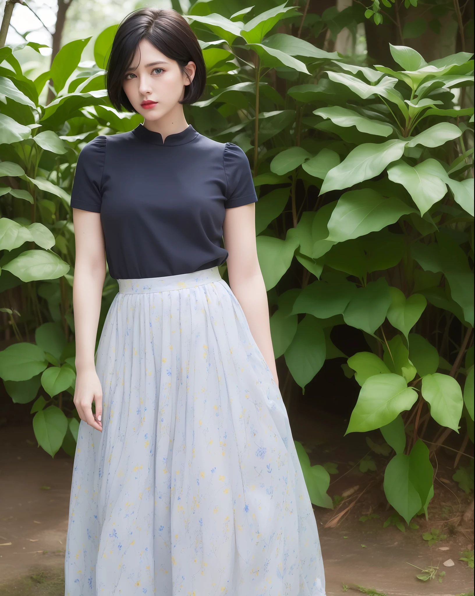 (long skirt:1.2),(blue flowers print:1.2),(yellow flowers print:1.2),(red flowers print:1.3),(birds print:1.2),(leaf print:1.2),1 girl,full body, (short hair:1.1), (realistic:1.7),((best quality)),absurdres,(ultra high res),(photorealistic:1.6),photorealistic,octane render,(hyperrealistic:1.2), (photorealistic face:1.2), (8k), (4k), (Masterpiece),(realistic skin texture), (illustration, cinematic lighting,wallpaper),( beautiful eyes:1.2),((((perfect face)))),(cute),(standing),(black hair),(short hair),black eyes,red lips, (outdoors),