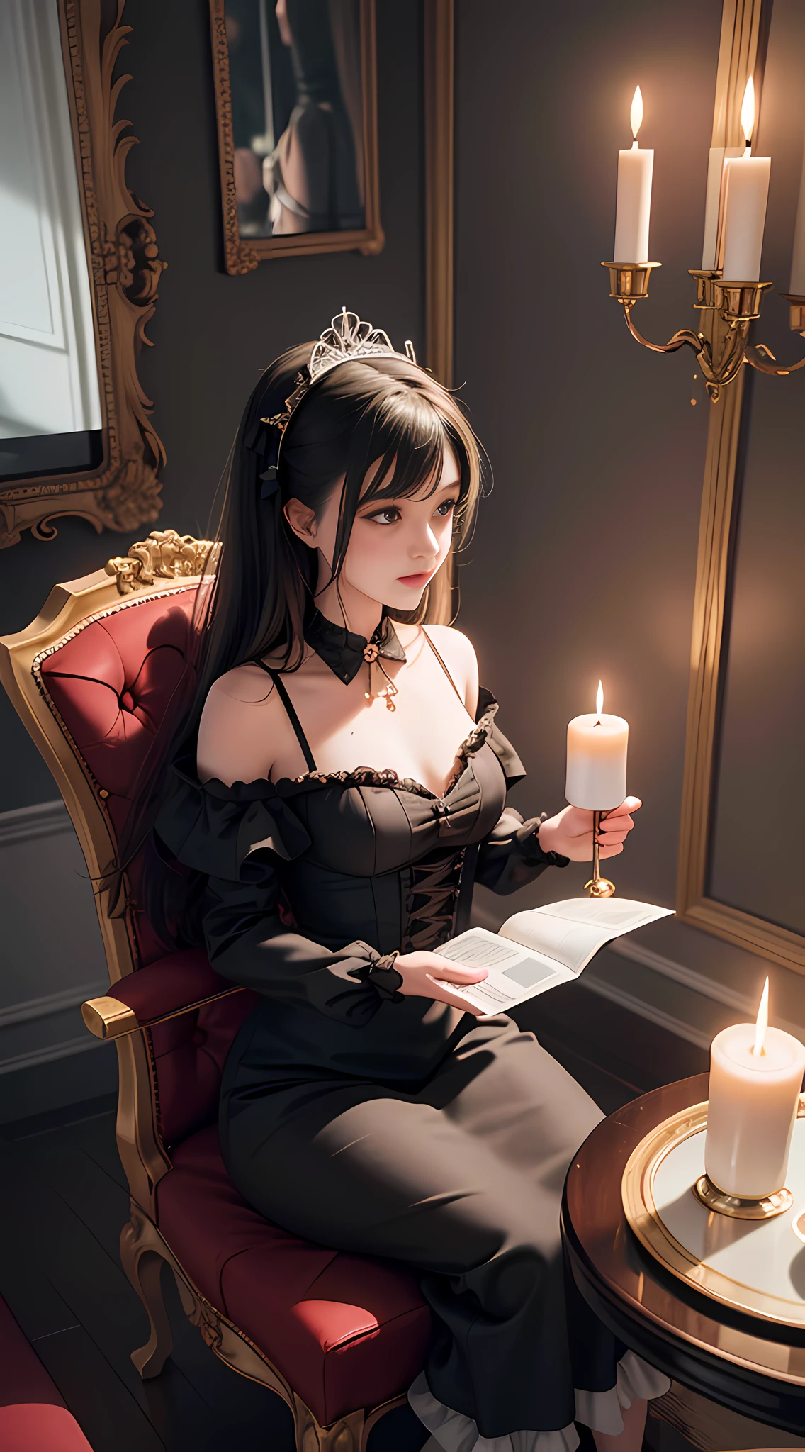 Doll sitting in chair in room with candle and mirror, 3D rendering inspired by WLOP, Polycount competition winner, magic realism, magical atmosphere + masterpiece, 8k octave render photo, 8k CG rendering, mouse in gothic studio, realistic fantasy rendering, ultra-realistic 8k octane photo, in a room full of candles, realistic, full body shot