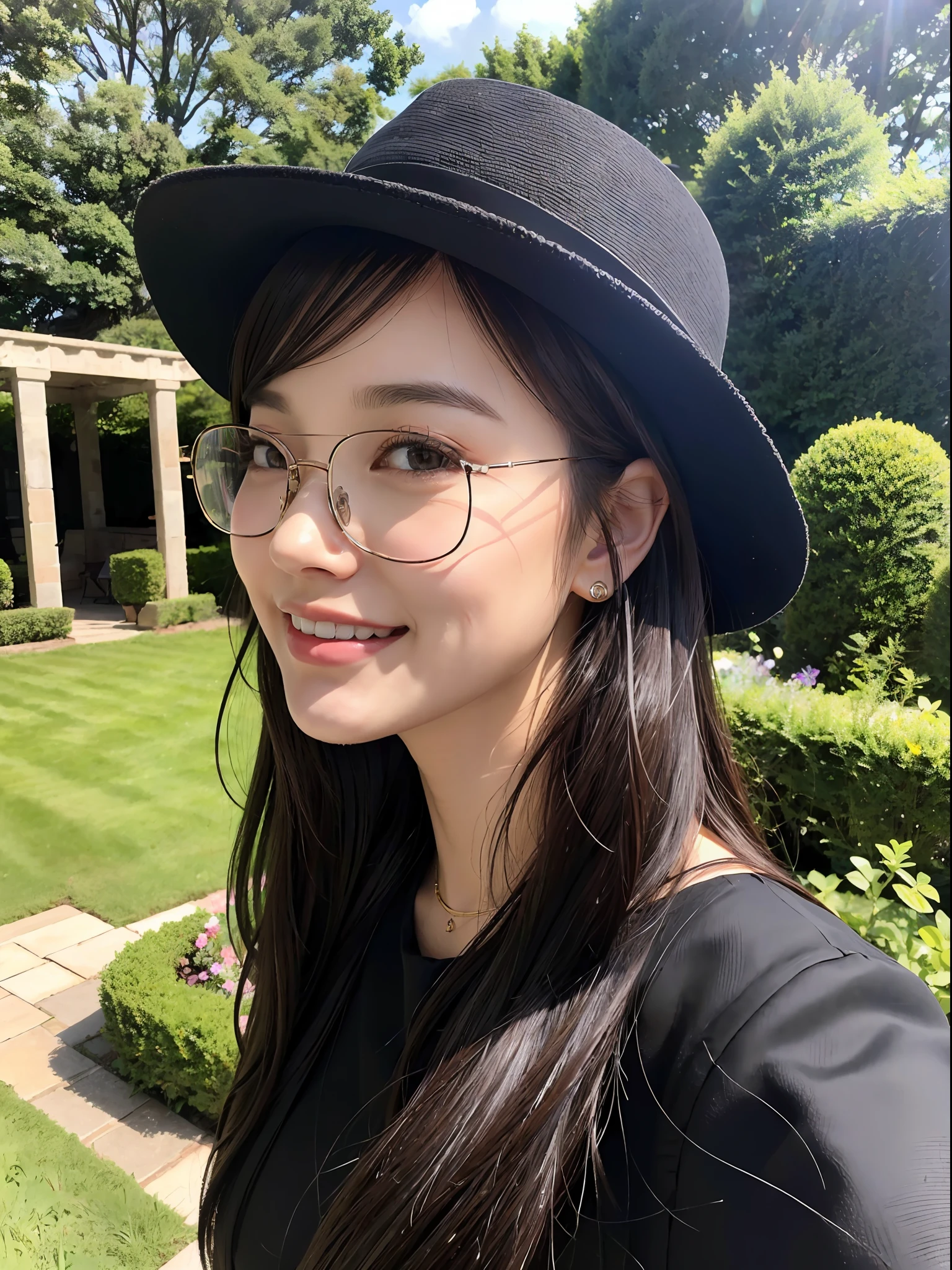 woman, (1girl, masterpiece, best quality, ultra-detailed, illustration, finely detailed eyes and detailed face), a photo of a girl wearing black dress and brown garden hat in garden, Mature, smiling, long hair, ((black hair)), hair blowing in wind, pretty, gorgeous, long shot, eye glasses, black short hair, from side view,